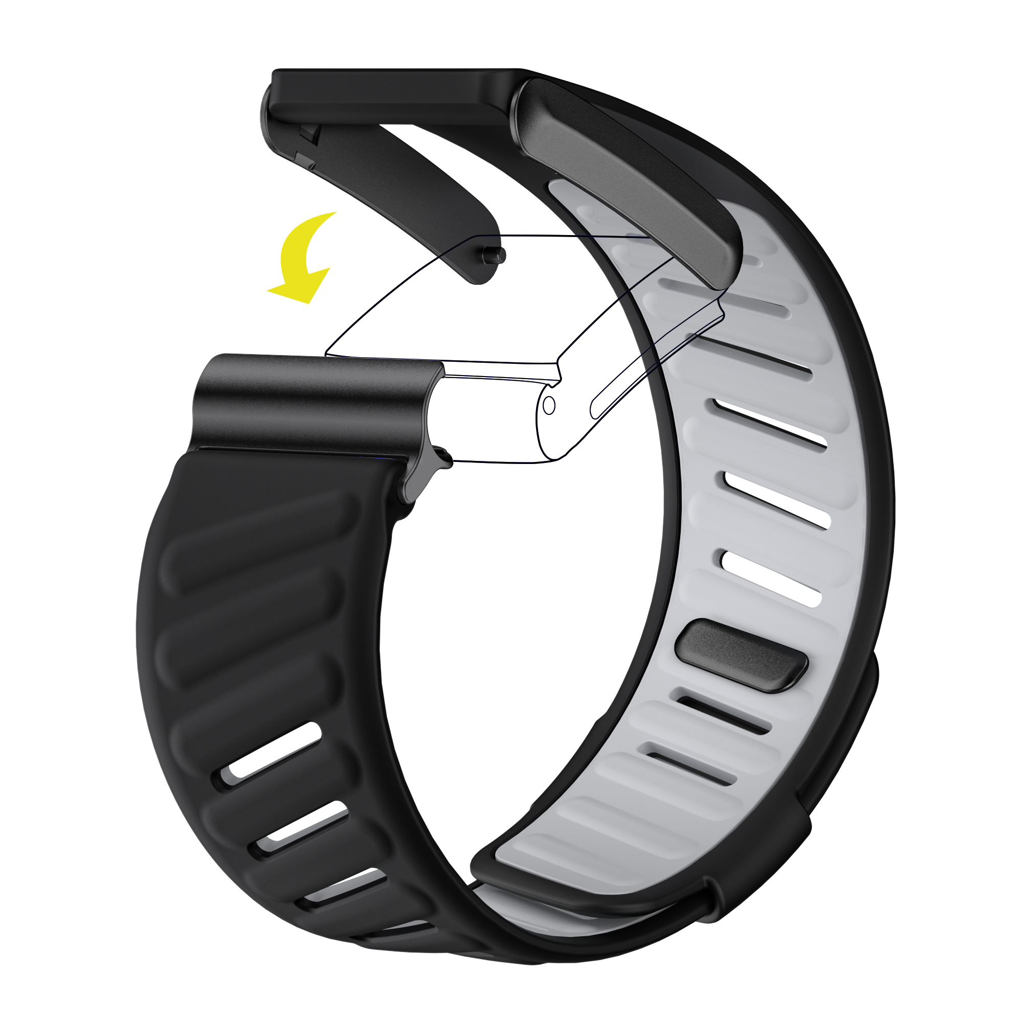 Schwarzes Smartwatch-Armband mit weißem Innenraum und gelbem Pfeil, der die Befestigung anzeigt.