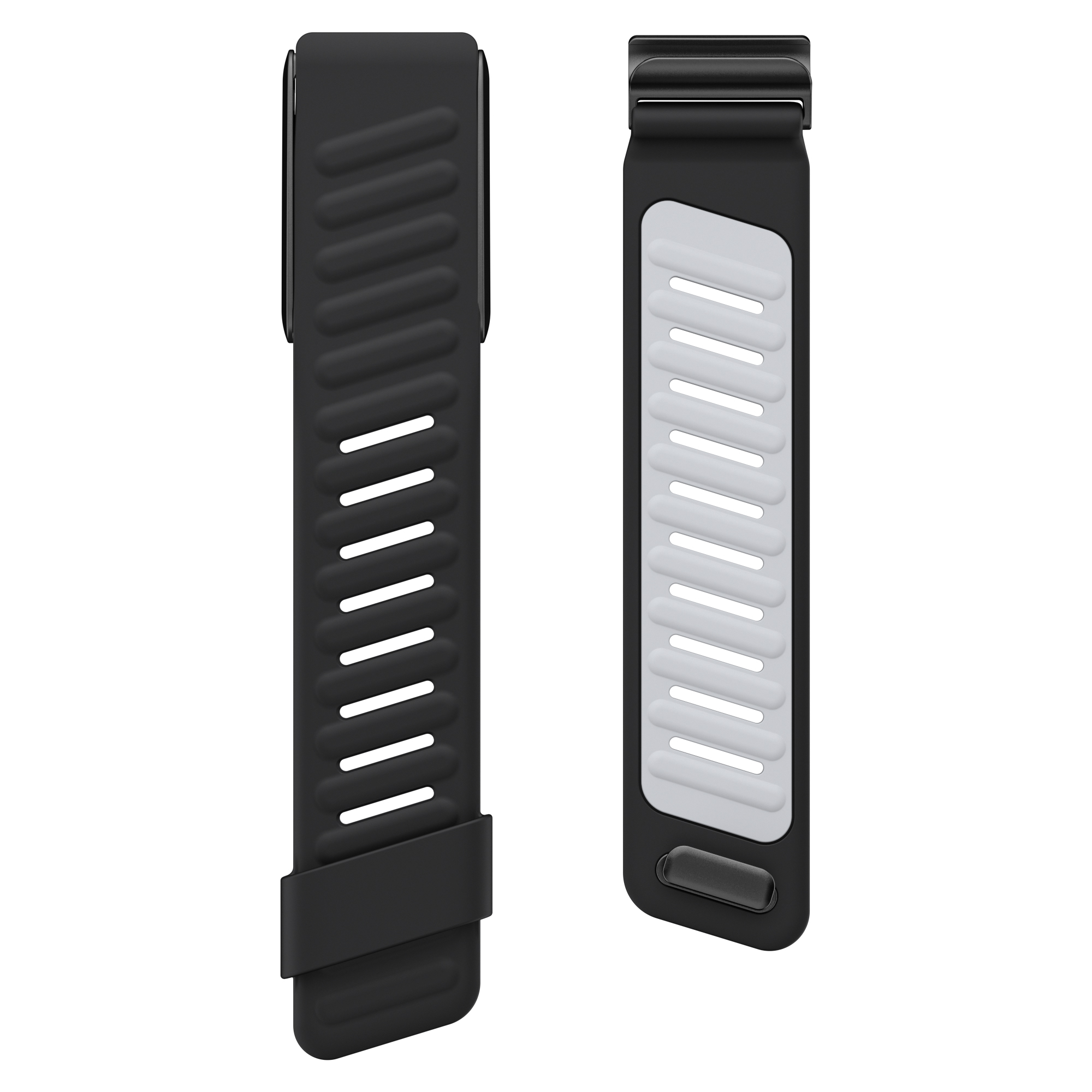 Zwei schwarze Uhrenarmbänder, eines mit weißen Schlitzen. Die Armbänder liegen auf weißem Hintergrund.