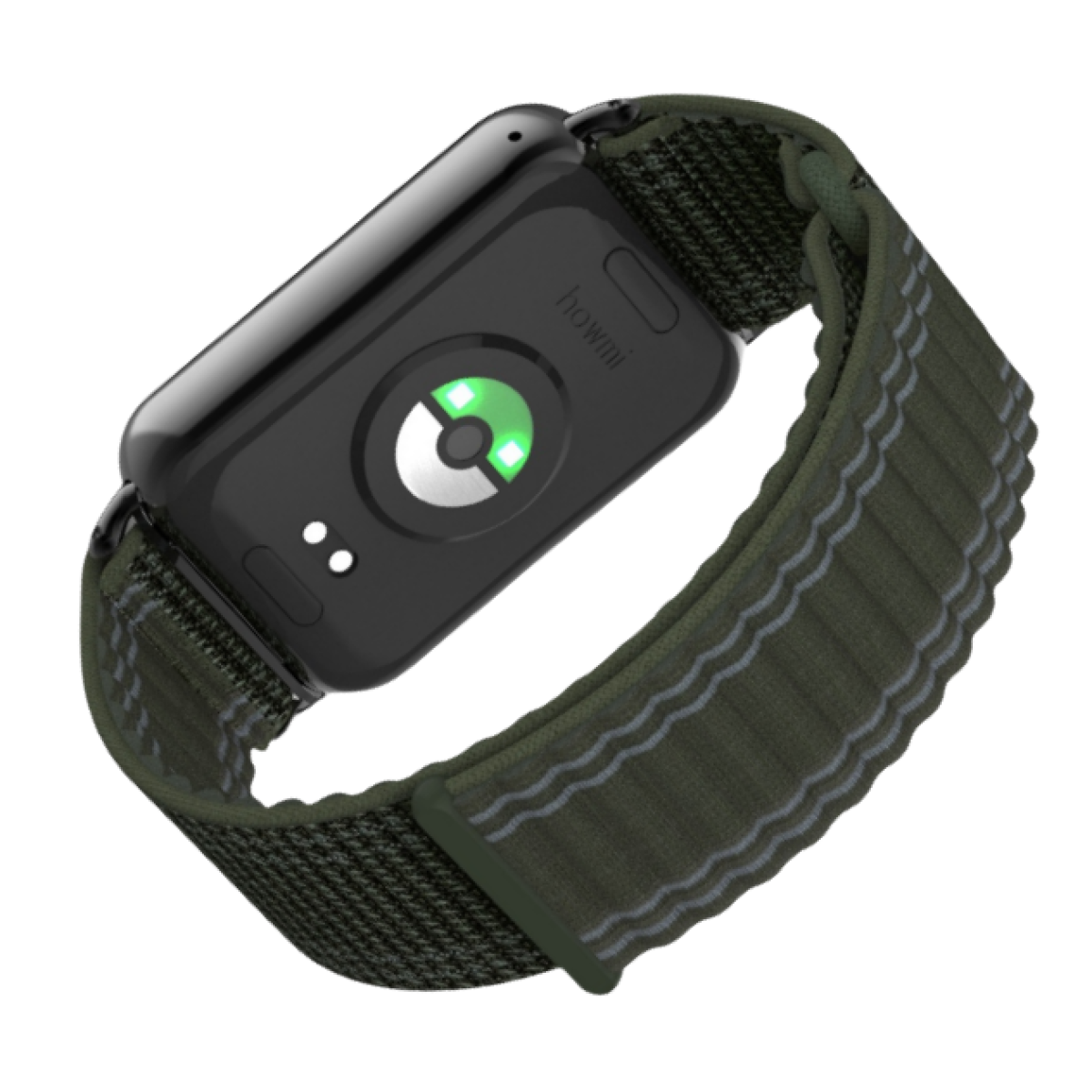 Smartwatch mit grün-grauem Armband, Rückseite mit Sensor.