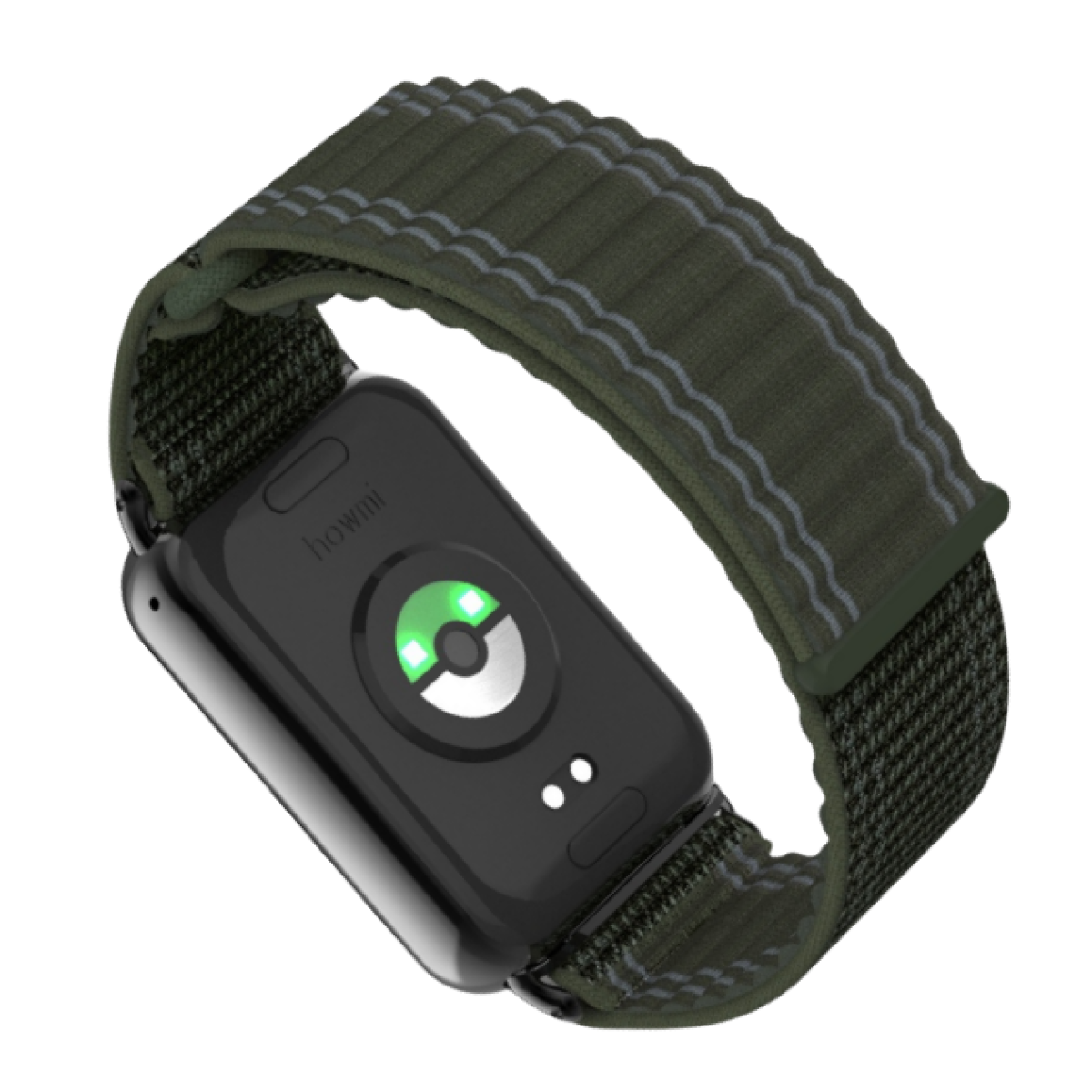 Eine schwarze Smartwatch an einem grünen Stoffband, mit einem grünen Licht auf der Rückseite.