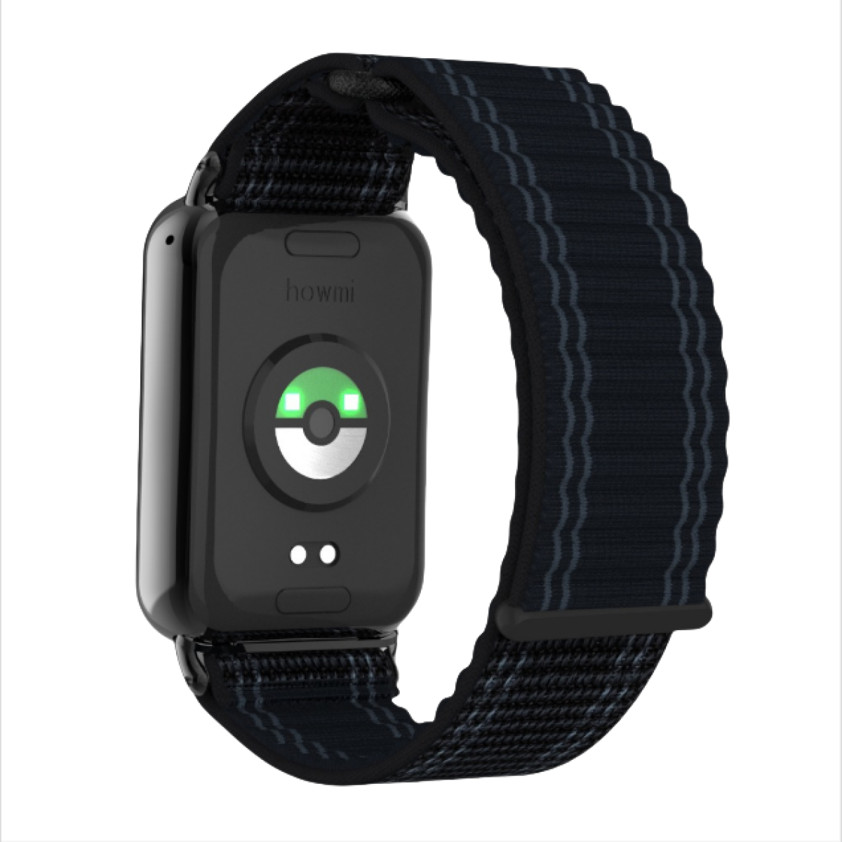 Tracker di fitness nero con cinturino nero e display che mostra un sensore di frequenza cardiaca.