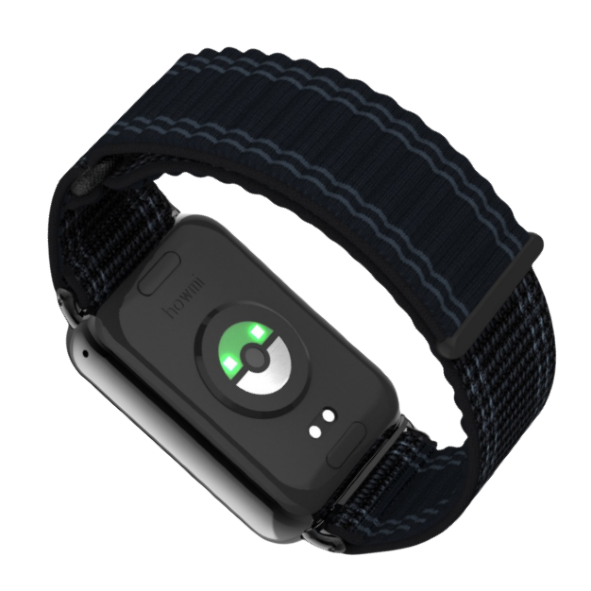 Smartwatch nero con cinturino a righe blu e grigie. Il retro mostra un sensore di frequenza cardiaca e due piccole luci.