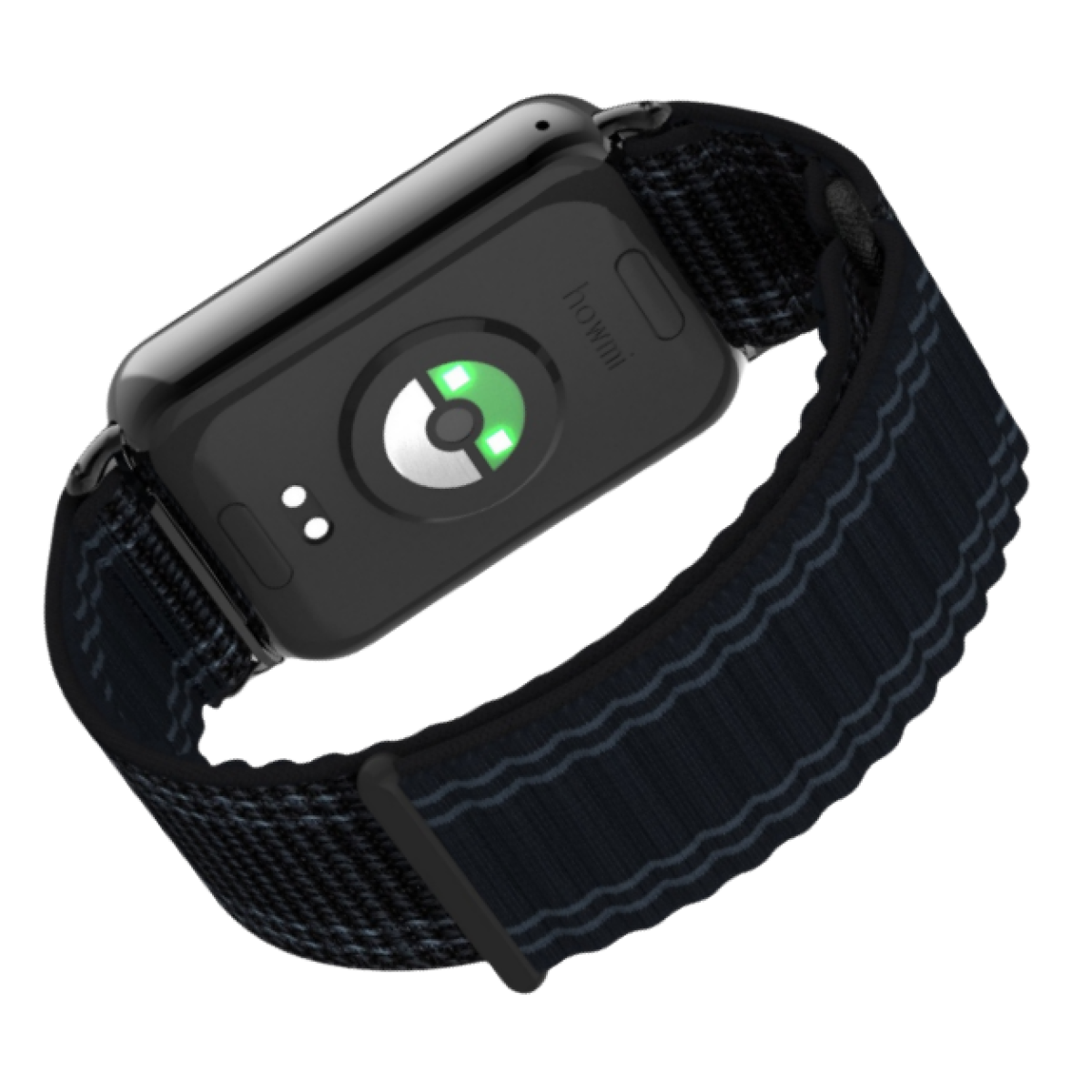 Uno smartwatch nero con cinturino in tessuto blu scuro. Il retro mostra un sensore con luce verde.