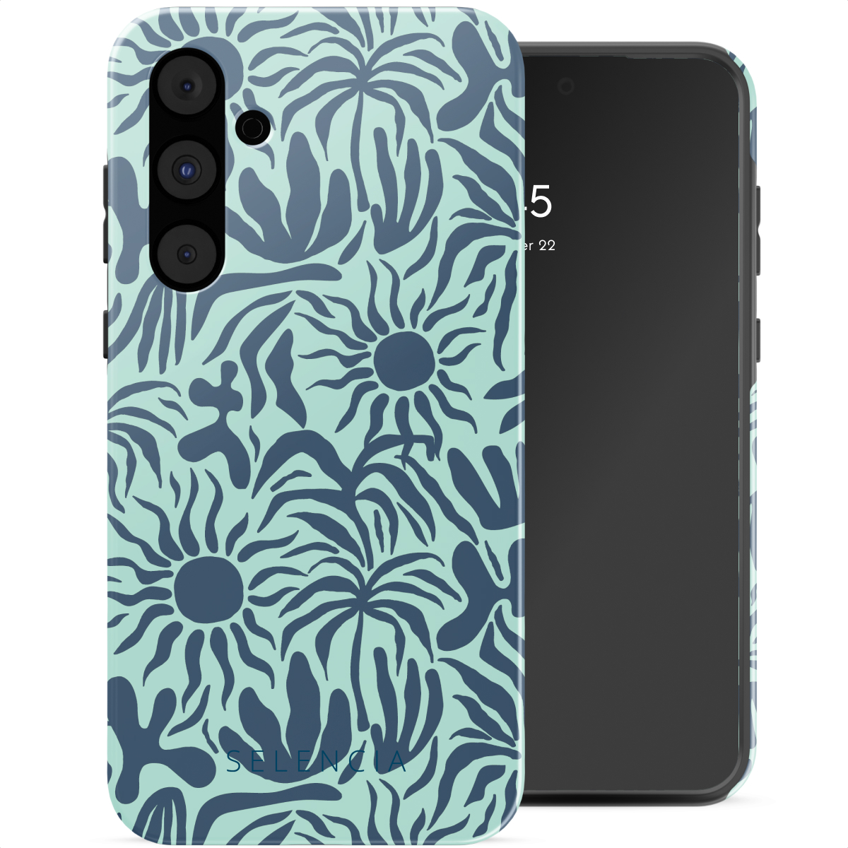 Une coque de téléphone avec un motif floral bleu et vert à côté d'un téléphone noir.