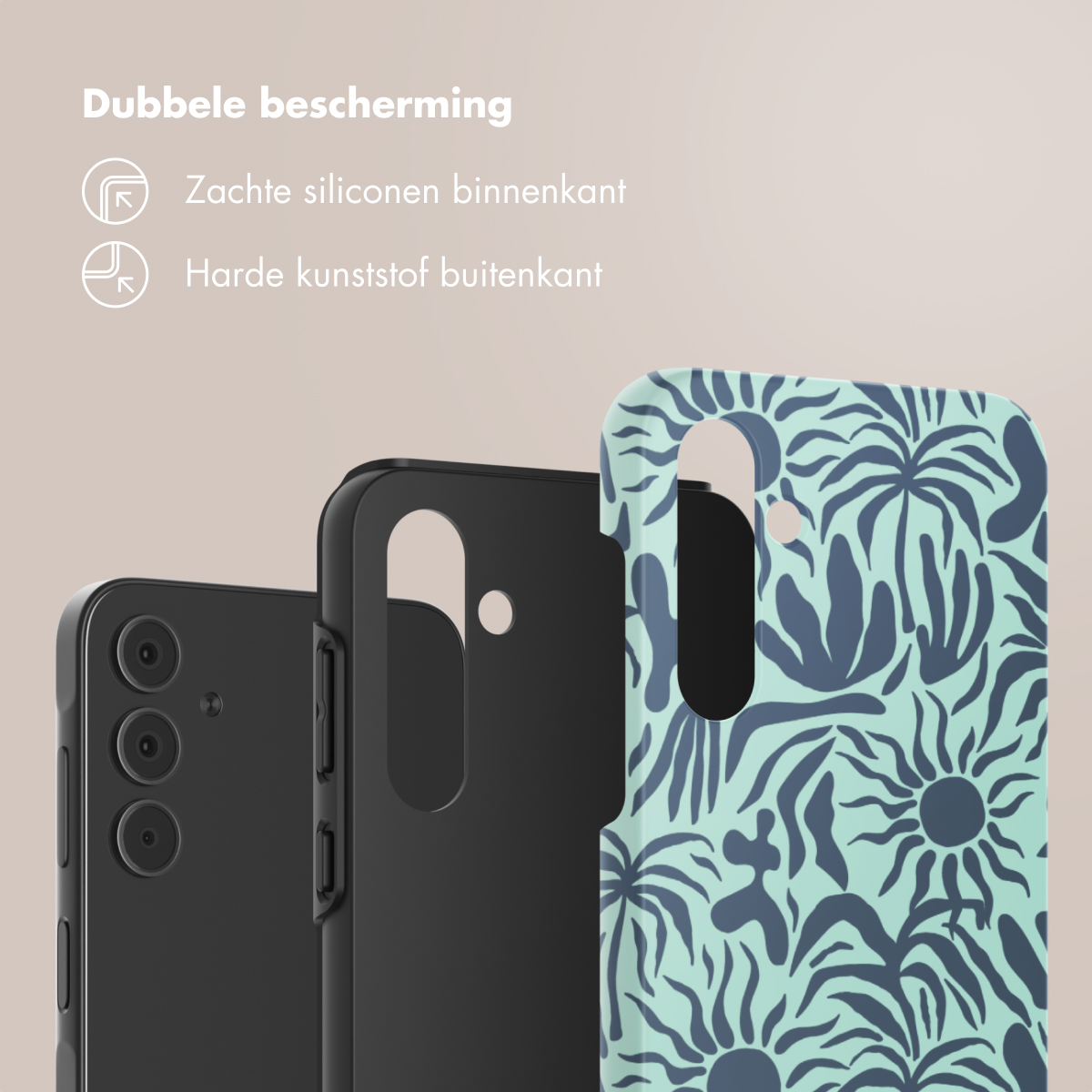 Trois étuis de téléphone. L'un est noir, l'autre a un design vert et bleu, et le troisième est noir.