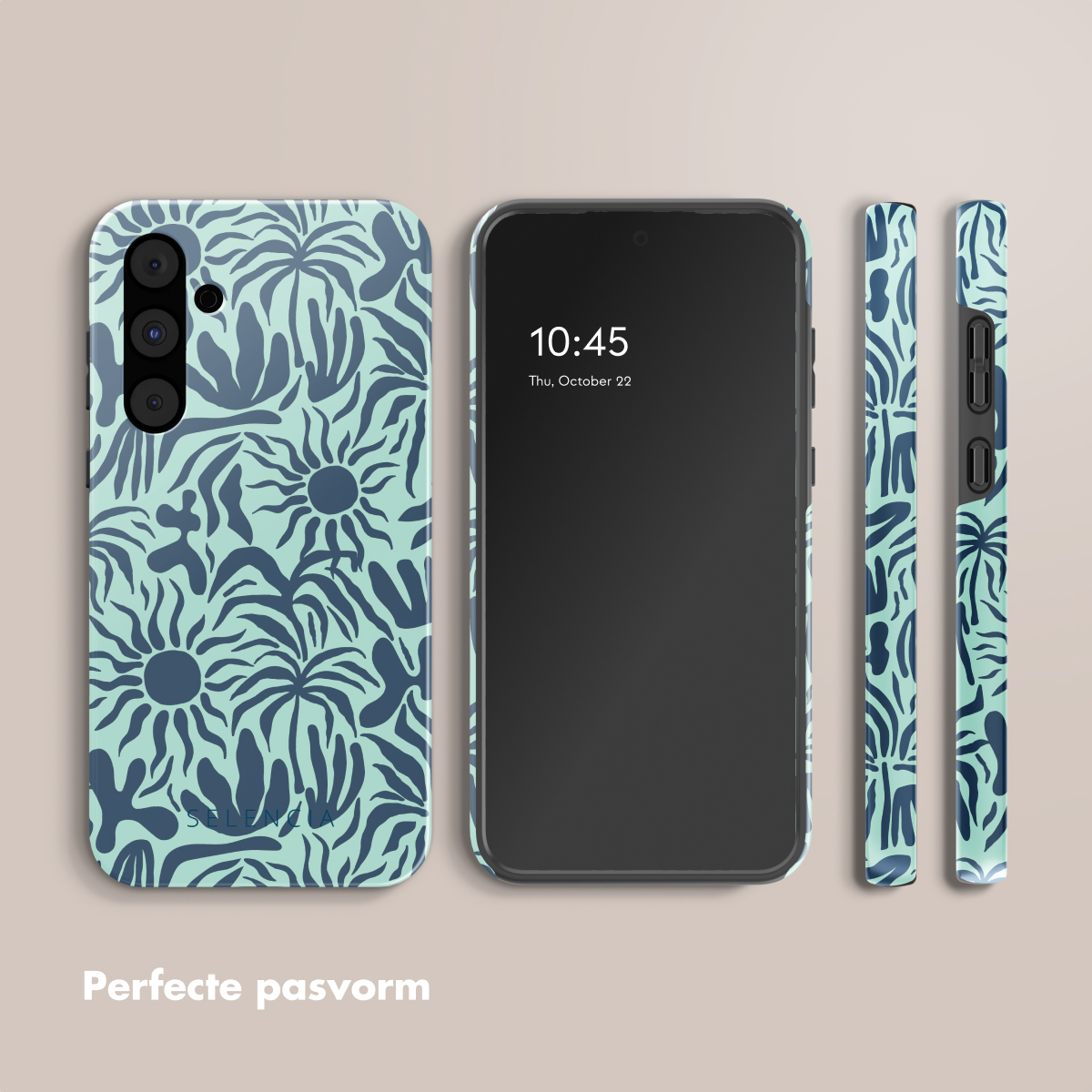 Téléphone avec coque. Motif floral bleu et bleu foncé. Texte: Ajustement parfait.