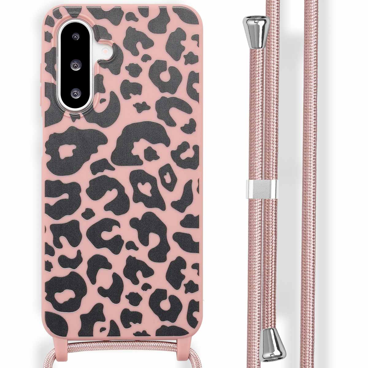 Roze telefoonhoesje met grijze luipaardprint en een roze koord.