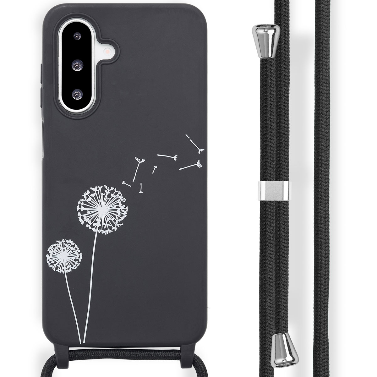 Een zwarte telefoonhoes met een wit paardenbloem ontwerp met een zwart koord.