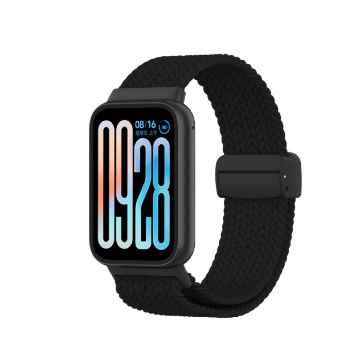 Schwarze Smartwatch mit schwarzem geflochtenem Band. Der Bildschirm zeigt Uhrzeit und Datum.