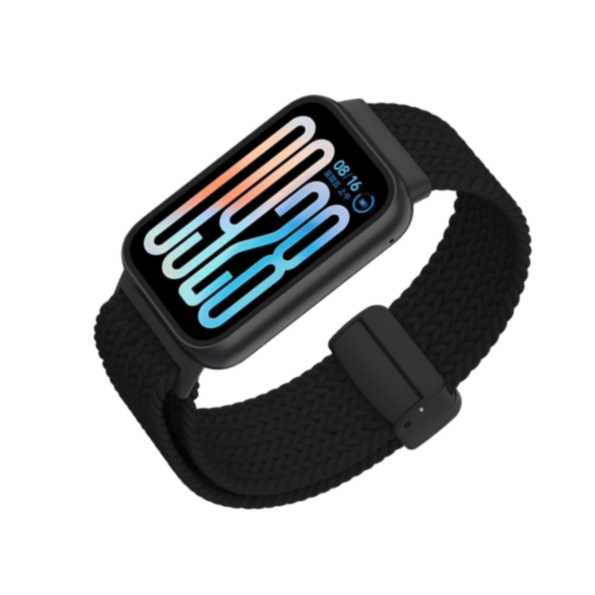 Eine schwarze Smartwatch mit einem schwarzen geflochtenen Armband. Der Bildschirm zeigt eine bunte Oberfläche.