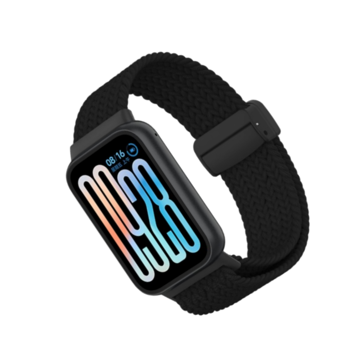 Eine schwarze Smartwatch mit einem schwarzen geflochtenen Armband. Der Bildschirm zeigt ein Datum an.