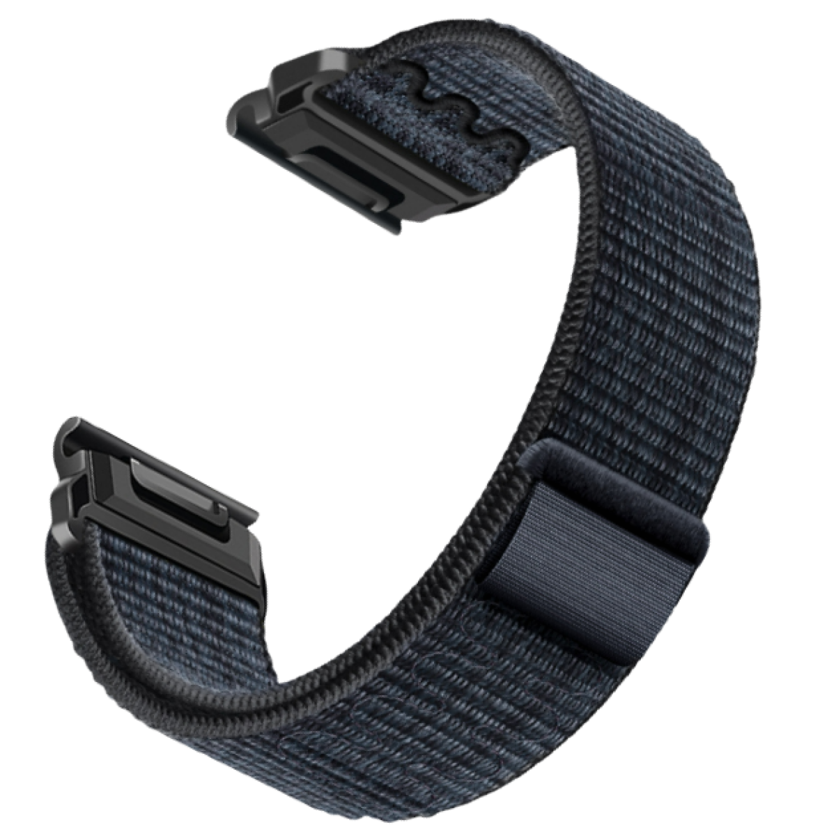 Ein dunkelblaues Uhrenarmband. Es hat eine schwarze Schnalle und eine Stoffstruktur.