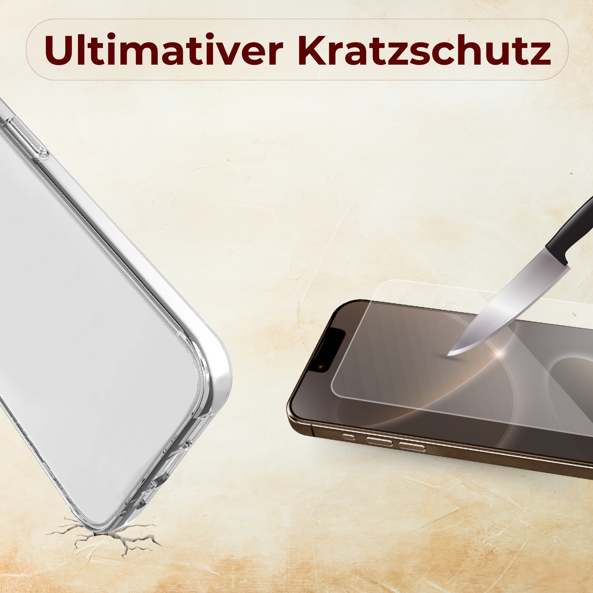 Ein Telefon mit Displayschutz, eine transparente Hülle daneben und ein Messer. Text: 'Ultimativer Kratzschutz'.
