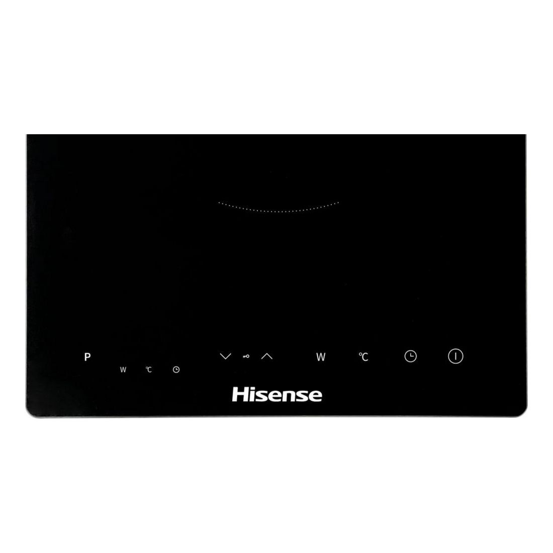 Schwarzes Hisense Induktionskochfeld, mit Touch-Bedienelementen und Leistungsanzeigen.