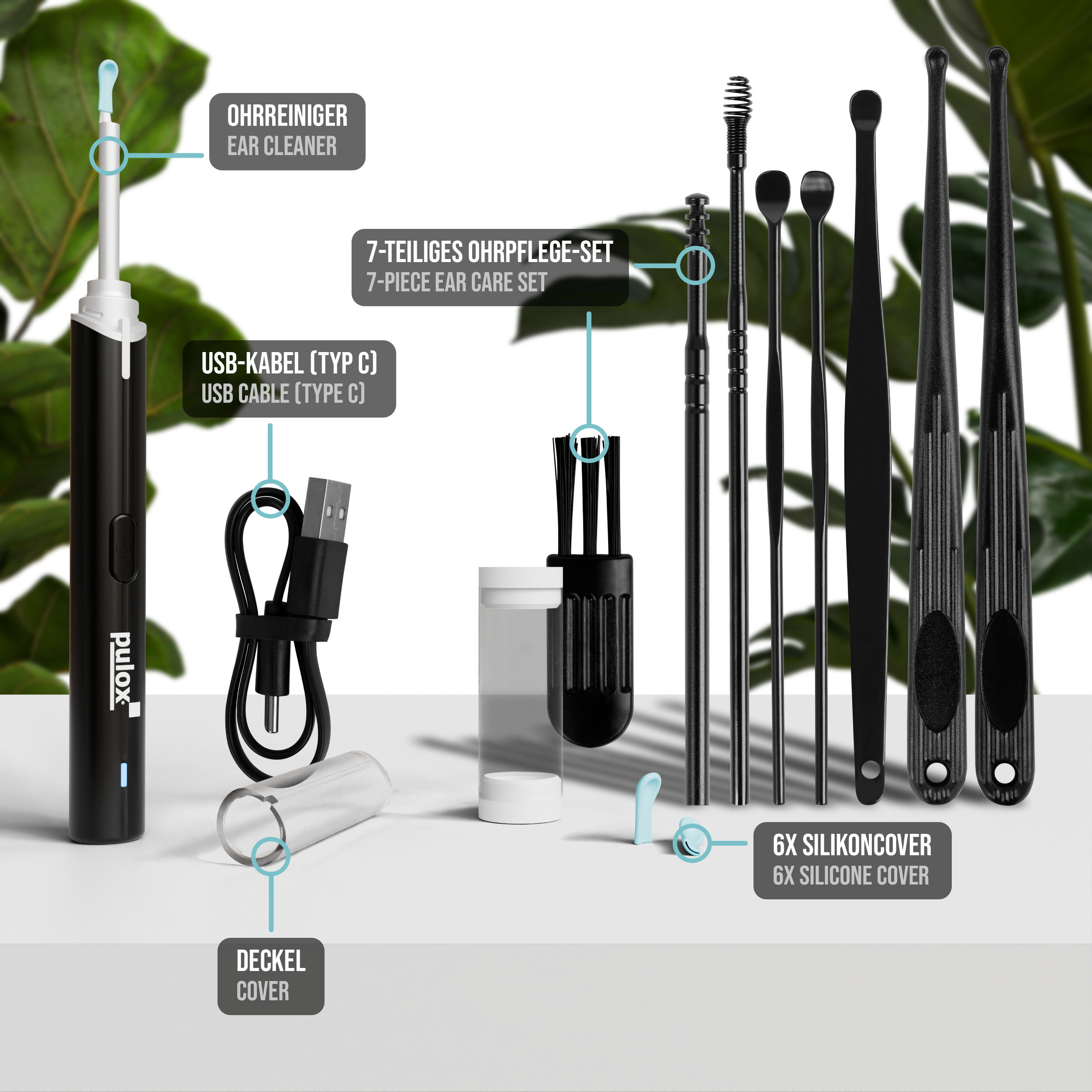 Ohrenreinigungsset mit Werkzeugen und USB-Kabel.