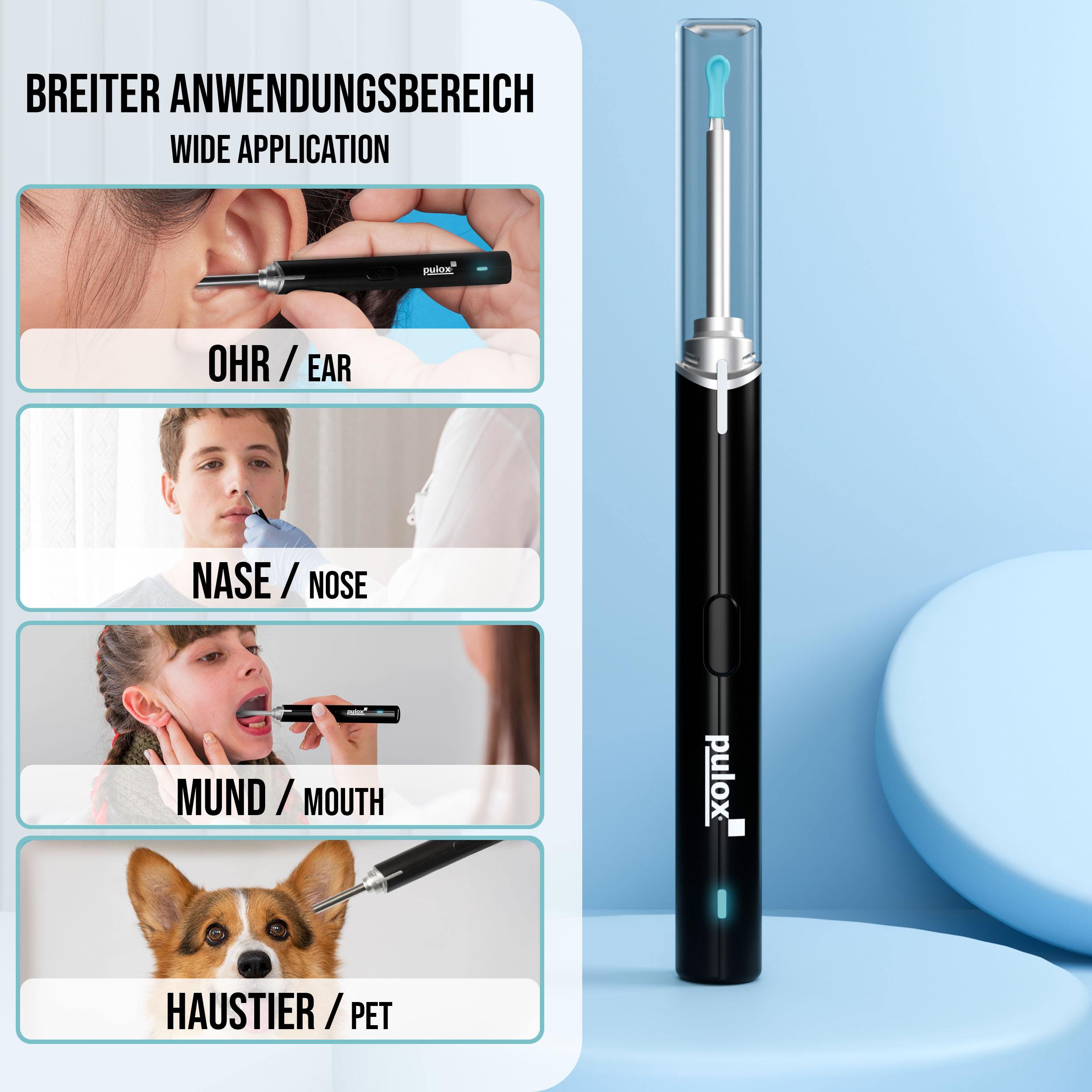 Ein Ohrreinigungsgerät und Bilder, die seine Verwendung für Ohren, Nase, Mund und Haustiere zeigen.