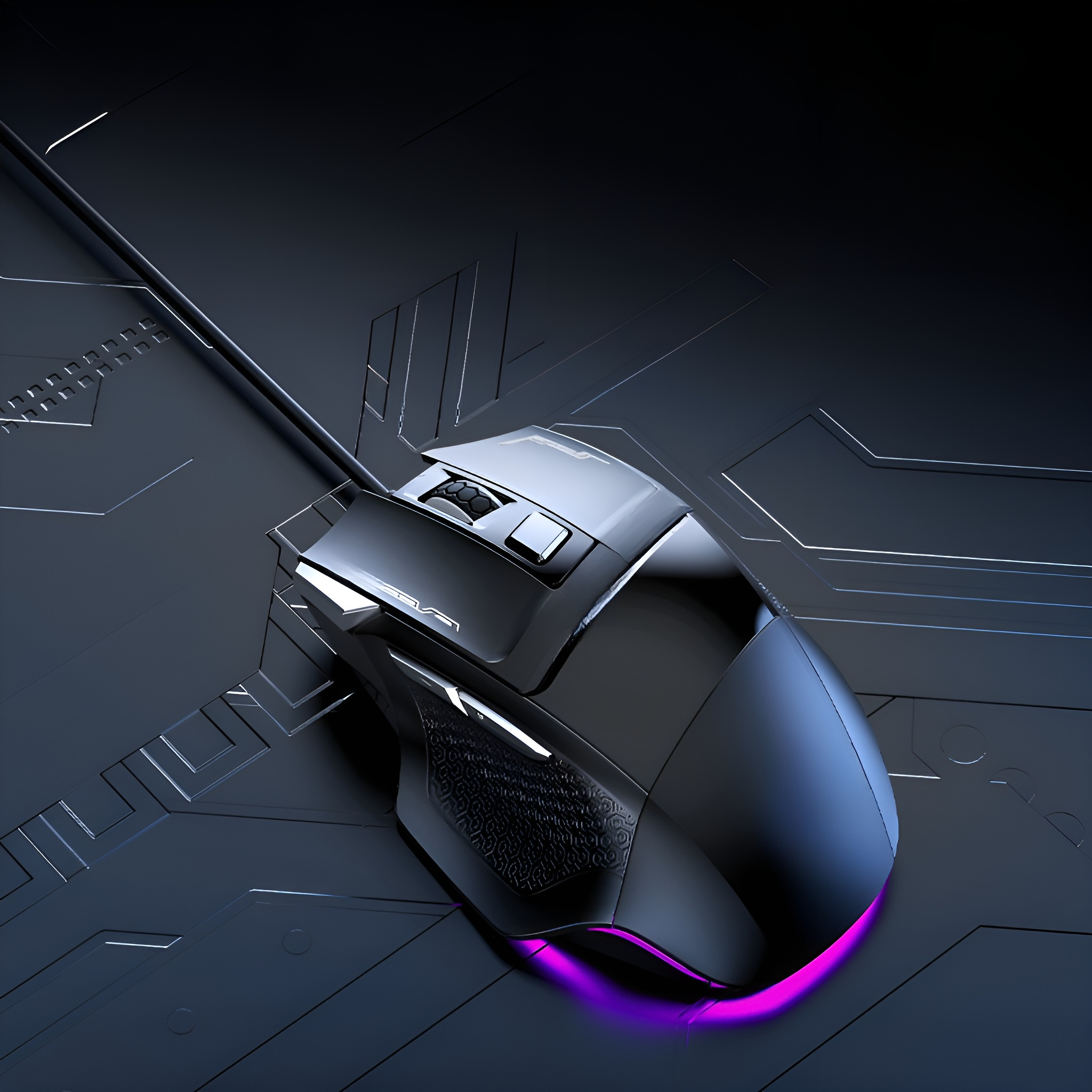 Eine schwarze und graue Gaming-Maus auf einer dunkelgrauen, gemusterten Oberfläche mit violettem Leuchten.