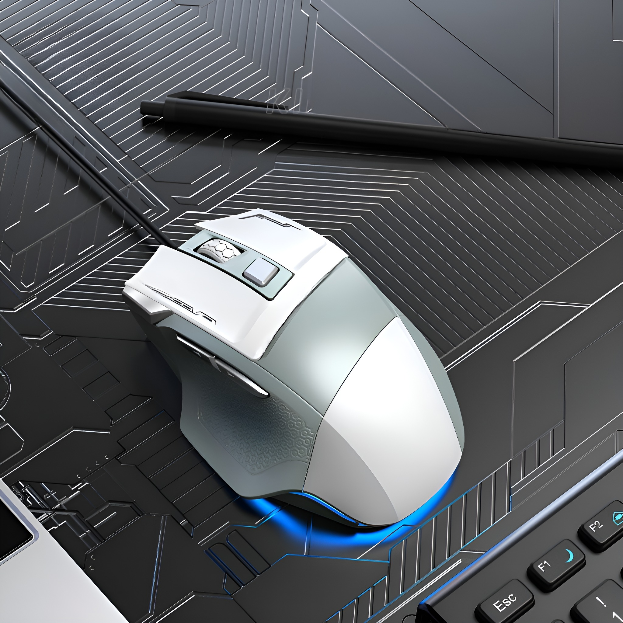 Eine weiße und graue Computermaus mit blauem Licht. Sie liegt auf einer Oberfläche.