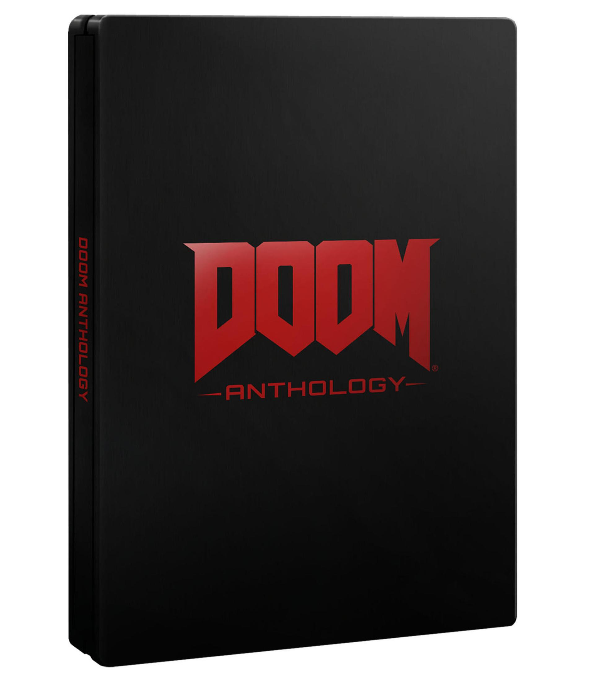 Schwarze Box mit rotem DOOM Anthology-Logo. Text lautet 'DOOM' und 'ANTHOLOGY'. Schwarzer Hintergrund.