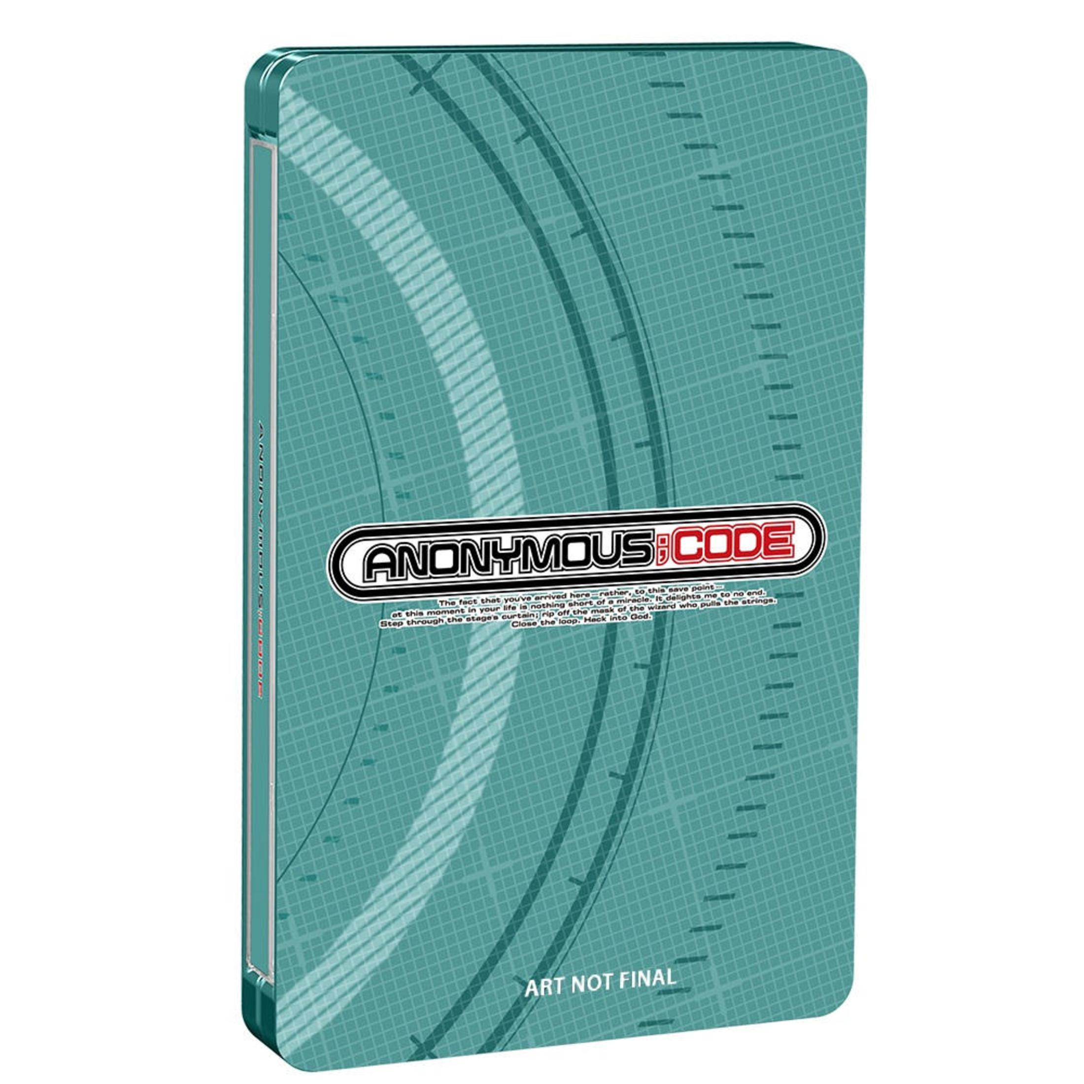 Spielkassette mit Text 'ANONYMOUS;CODE'. Teal mit Rastermuster. Bild ist nicht final.