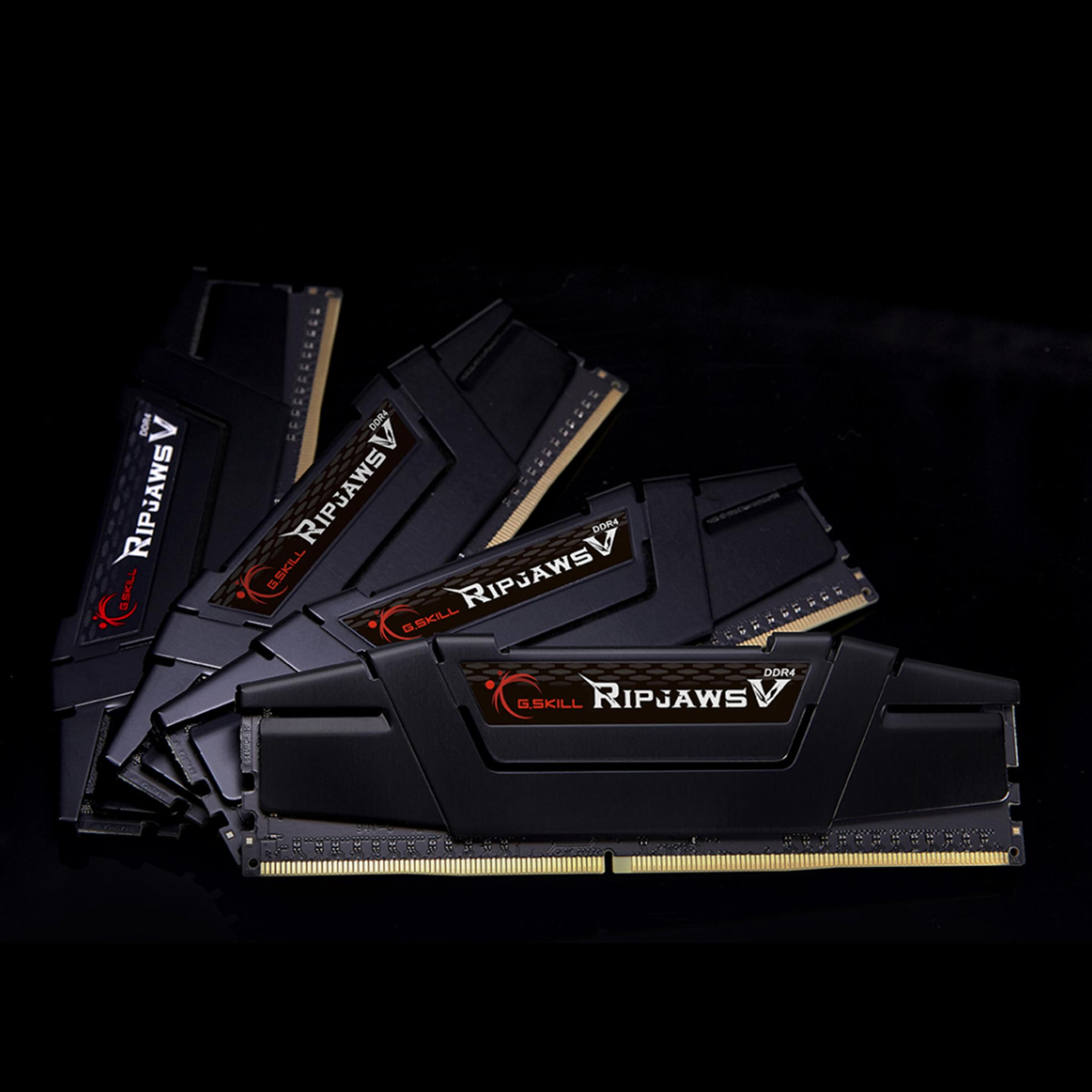 Cztery czarne kości RAM z etykietami G.SKILL RIPJAWS V DDR4, na czarnym tle.