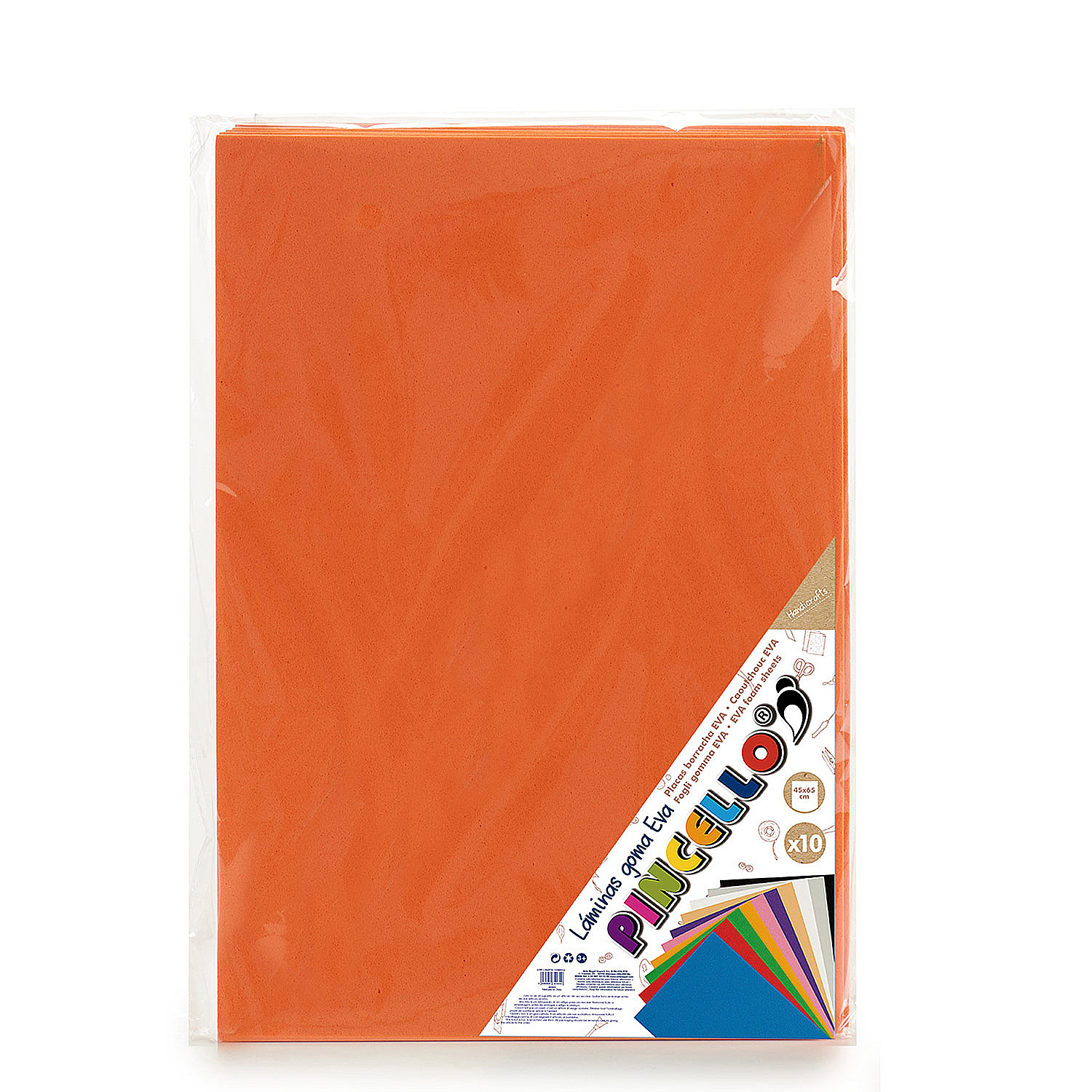 Hojas de espuma naranja en una bolsa de plástico transparente. El paquete muestra una variedad de colores y un logotipo.