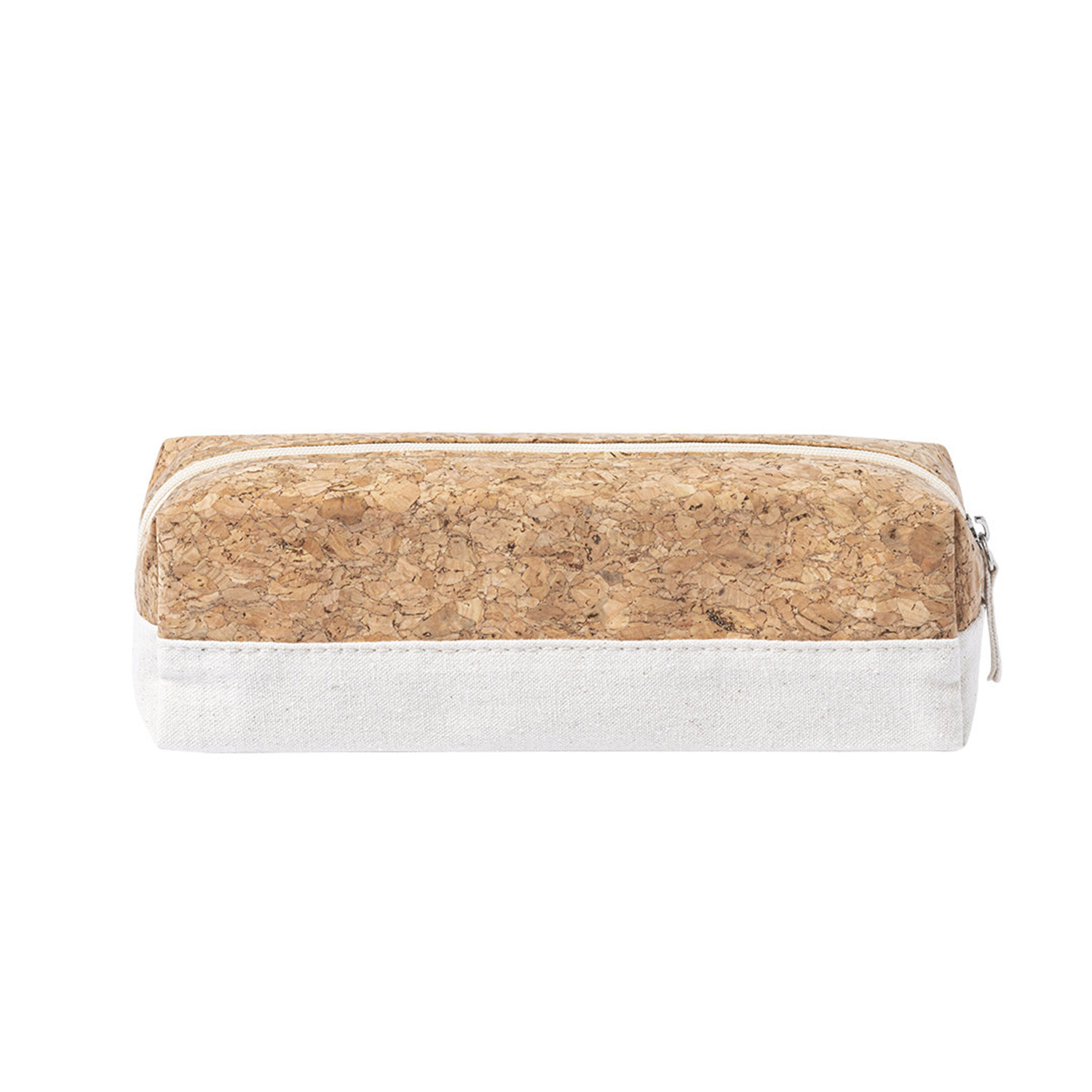 Un estuche de lápices de corcho con base de lona blanca y cremallera sobre fondo blanco.
