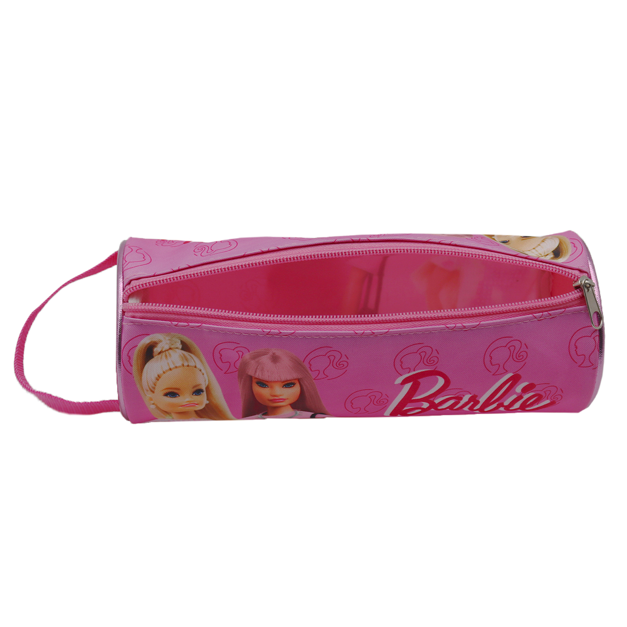 Un estuche rosa de Barbie con cremallera, con muñecas Barbie y el logotipo de Barbie.