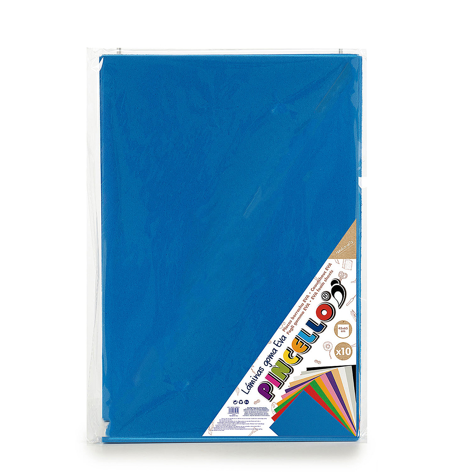Hojas de papel azul en bolsa plástica transparente, con muestras de papel y texto.