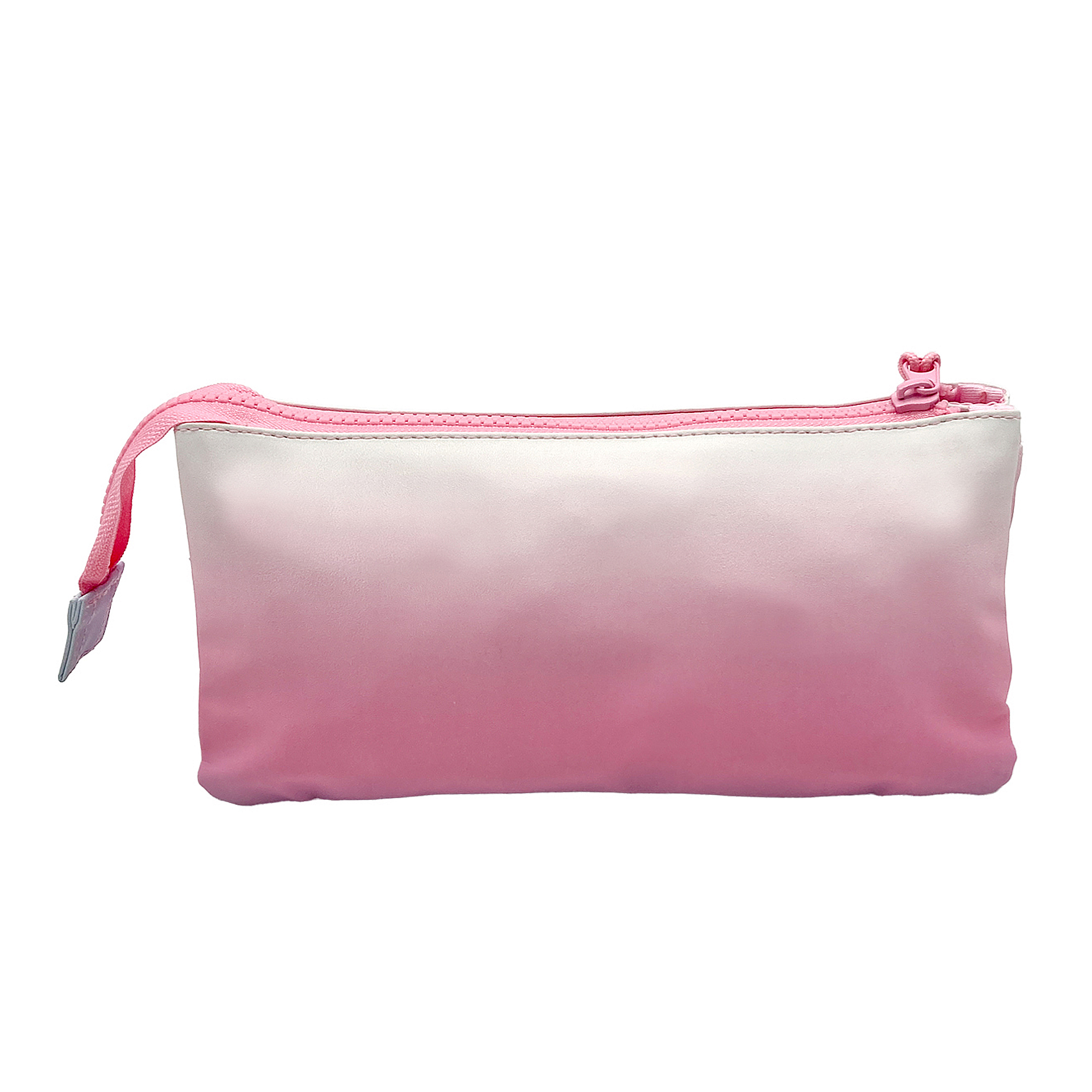 Estuche degradado rosa y blanco con cremallera. Tira rosa.
