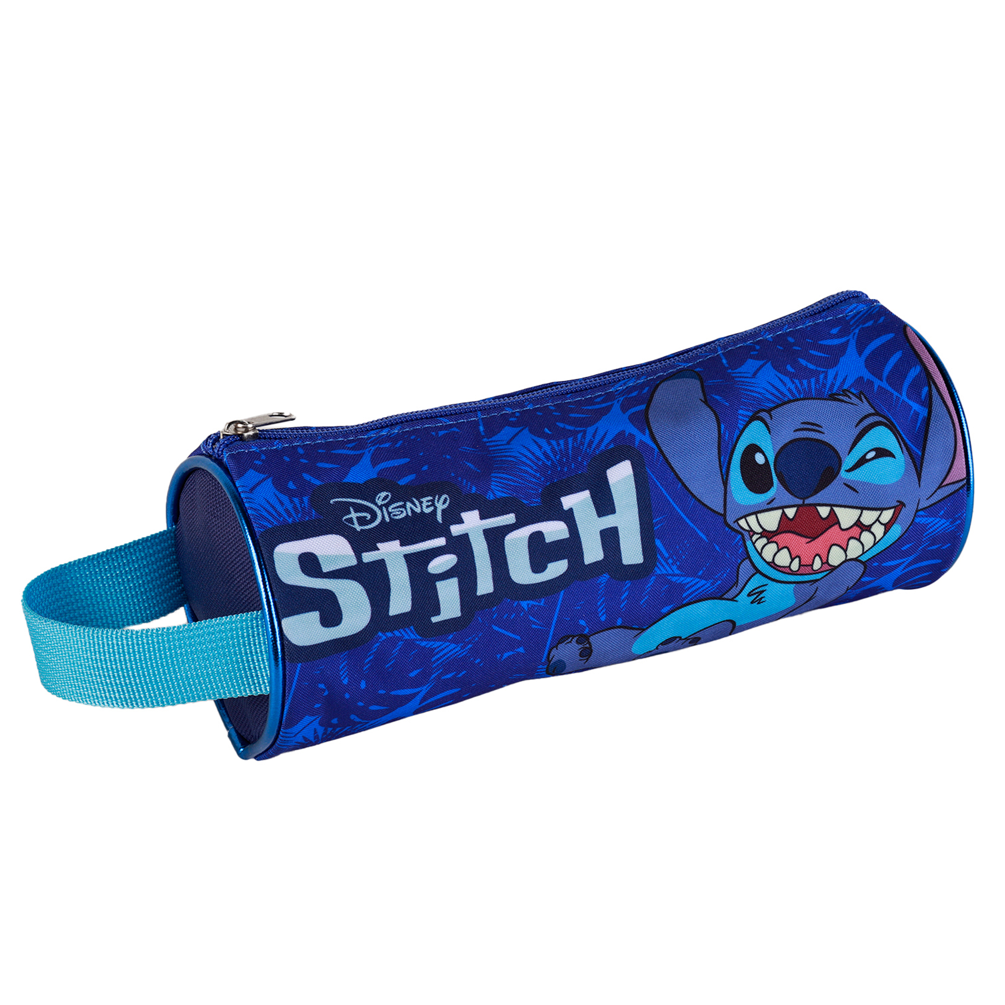 Estuche azul con Stitch de Disney. Cremallera, asa y la cara de Stitch son visibles.