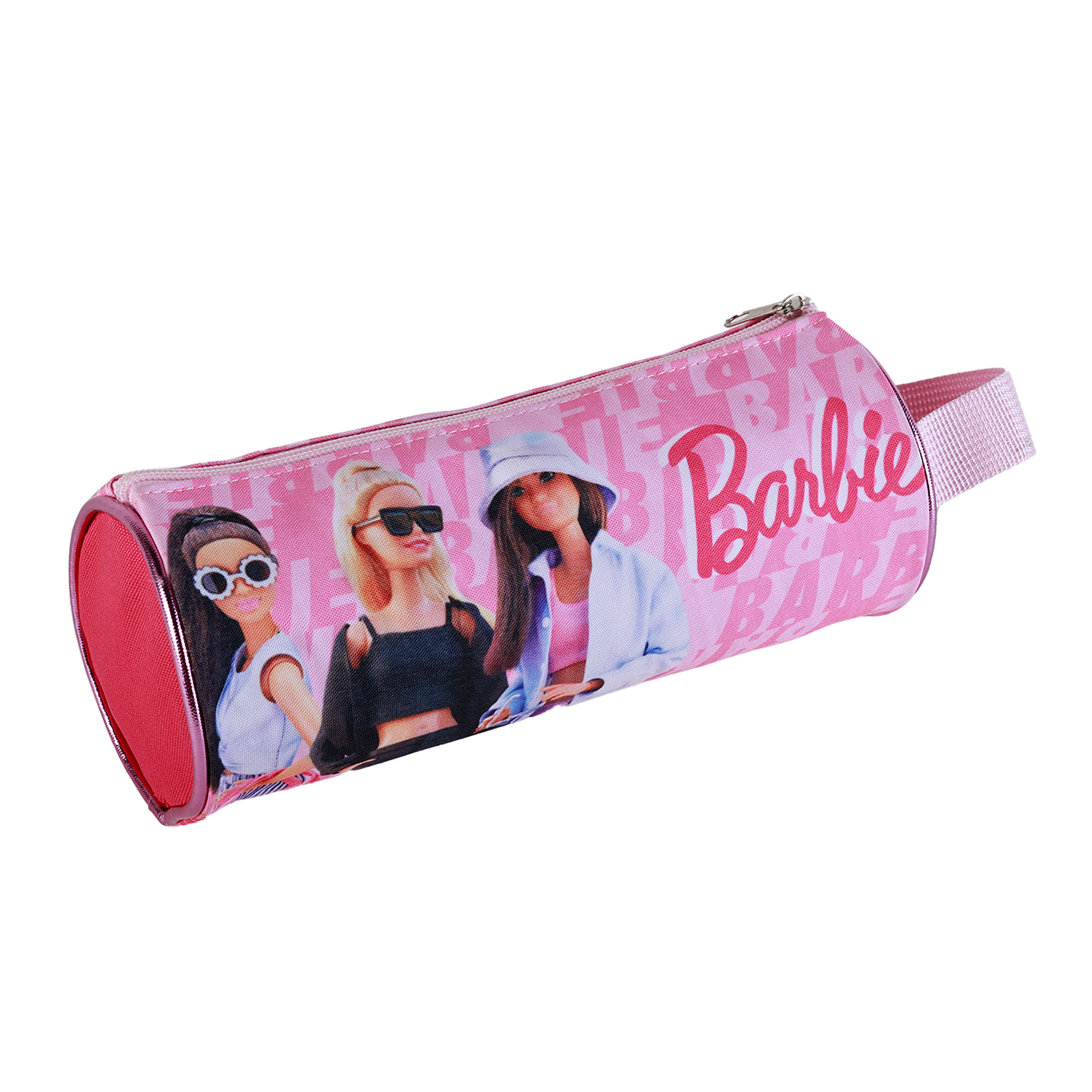 Estuche rosa con muñecas Barbie. Cierre de cremallera y asa.