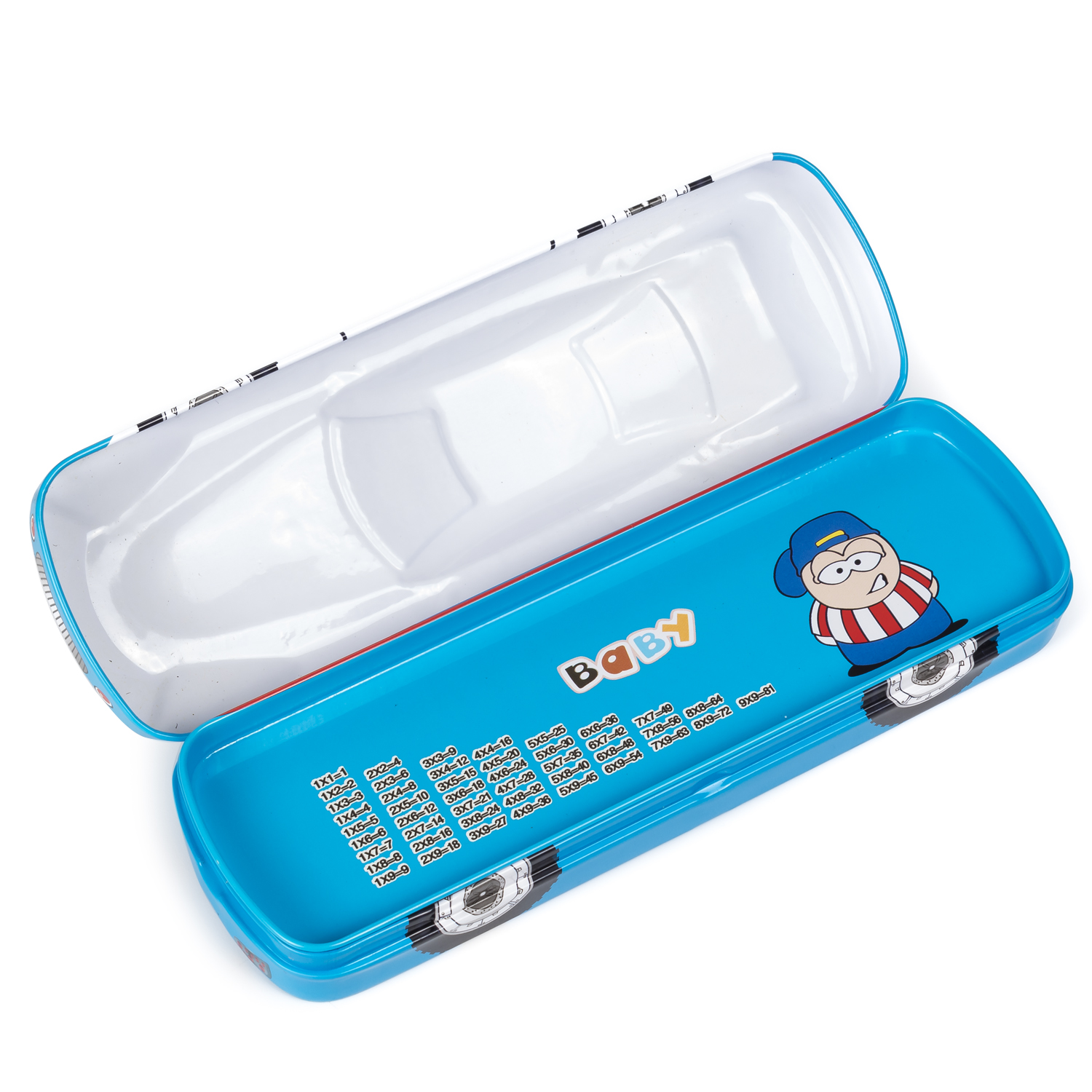 Estuche azul con forma de coche, abierto. La tapa es blanca. La base es azul con un personaje de dibujos animados.