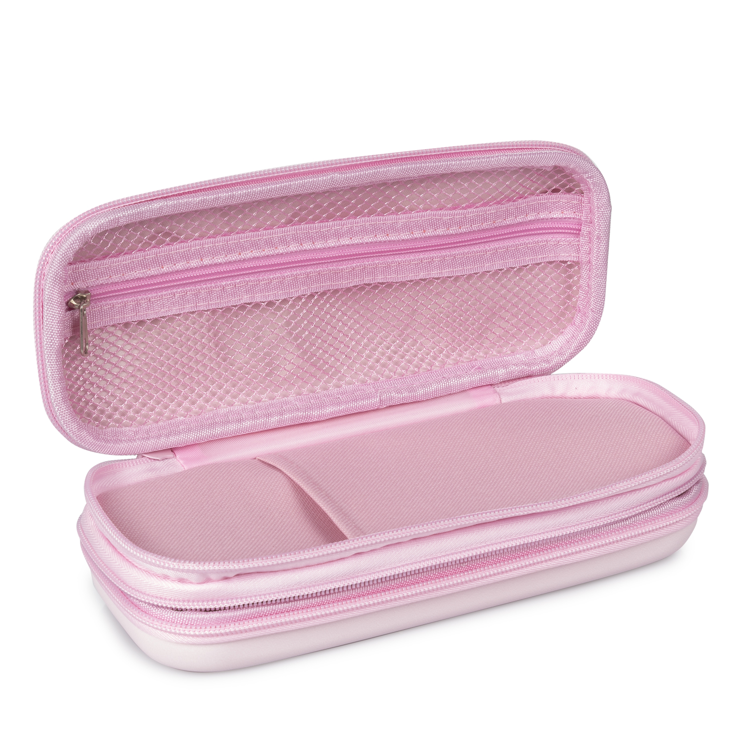 Estuche rosa abierto con cremalleras, malla y bolsillo interior.