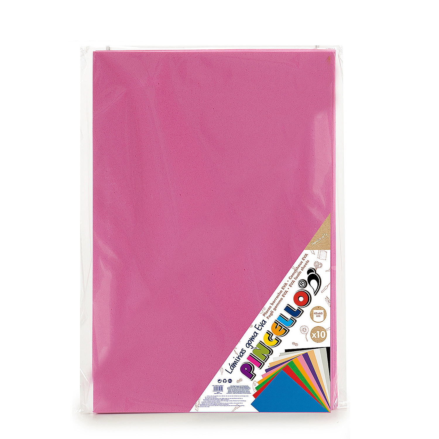 Un paquete de láminas de espuma rosa para manualidades, exhibido en un paquete de plástico transparente.