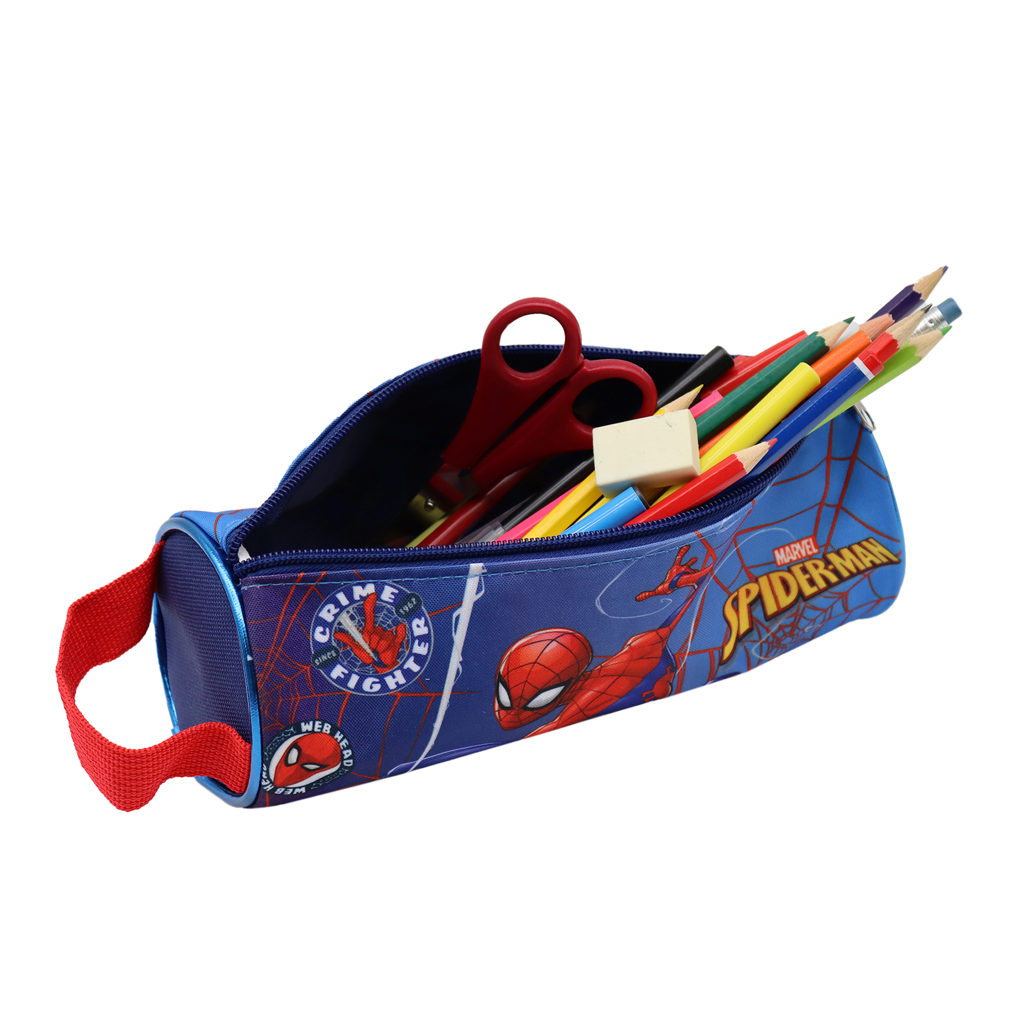 Estuche azul de Spider-Man lleno de lápices de colores, tijeras y otros artículos de papelería.