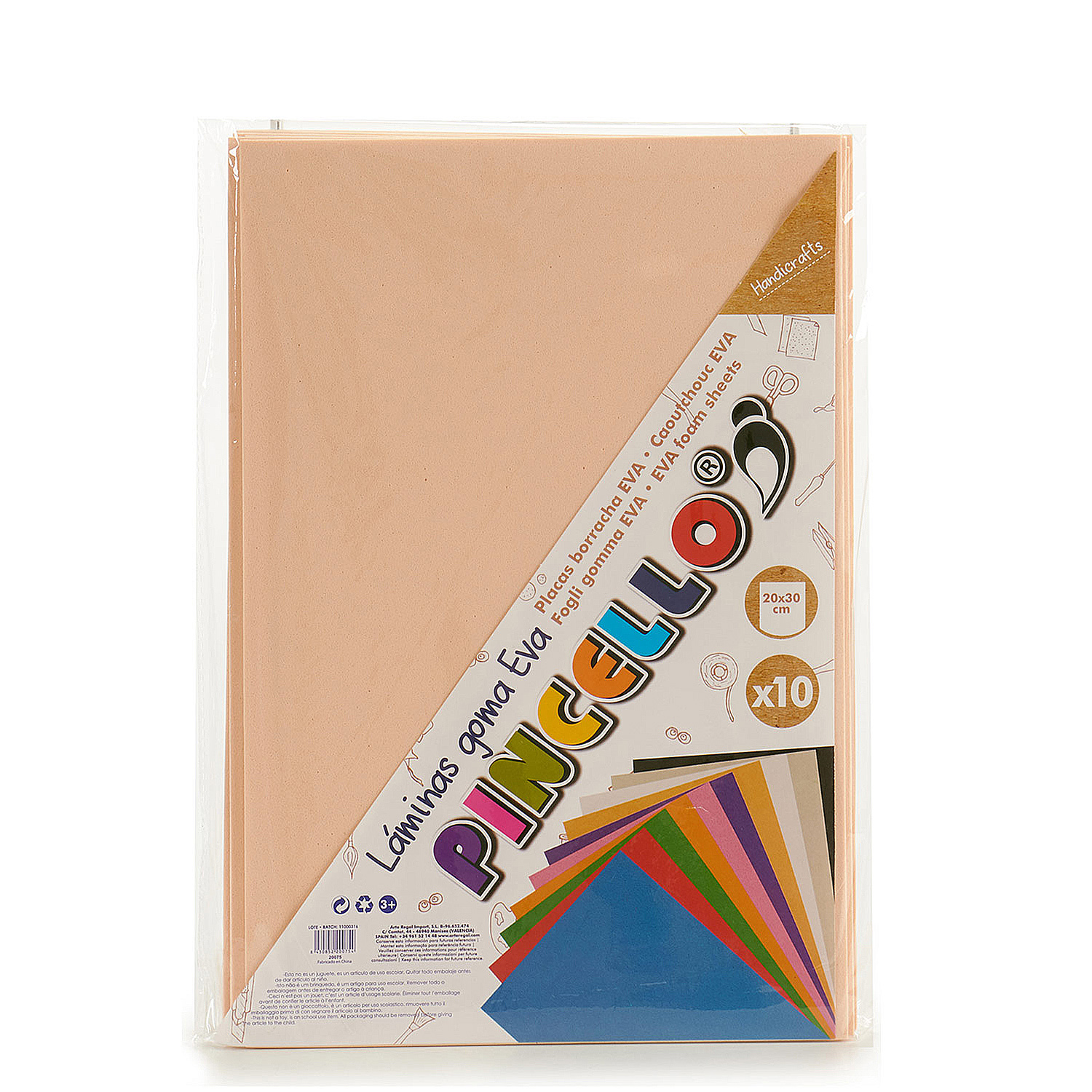 Hojas de espuma rosa en una bolsa de plástico transparente. El paquete muestra una variedad de colores y un logotipo.