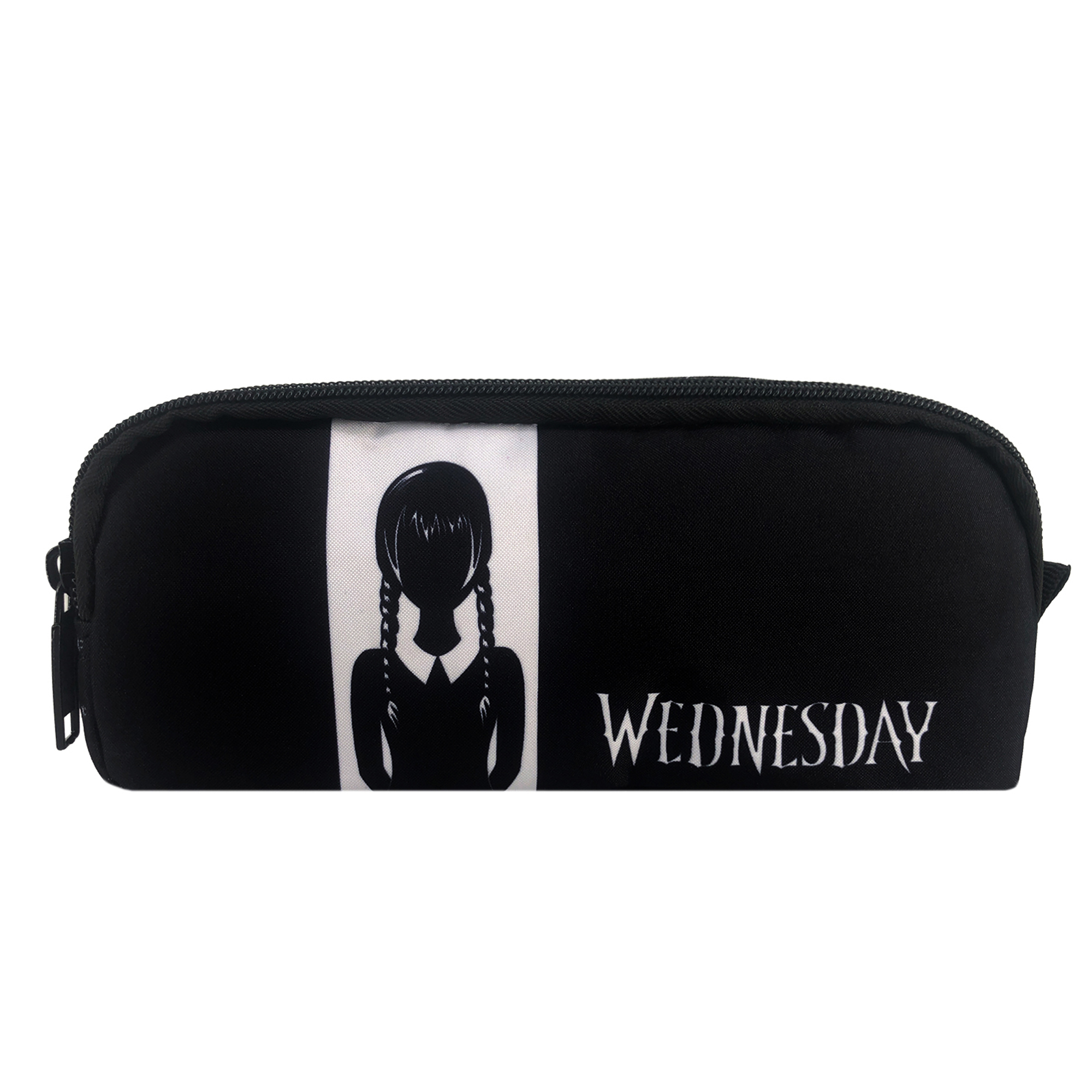 Estuche negro con una silueta de Wednesday Addams y la palabra 'WEDNESDAY' en blanco.