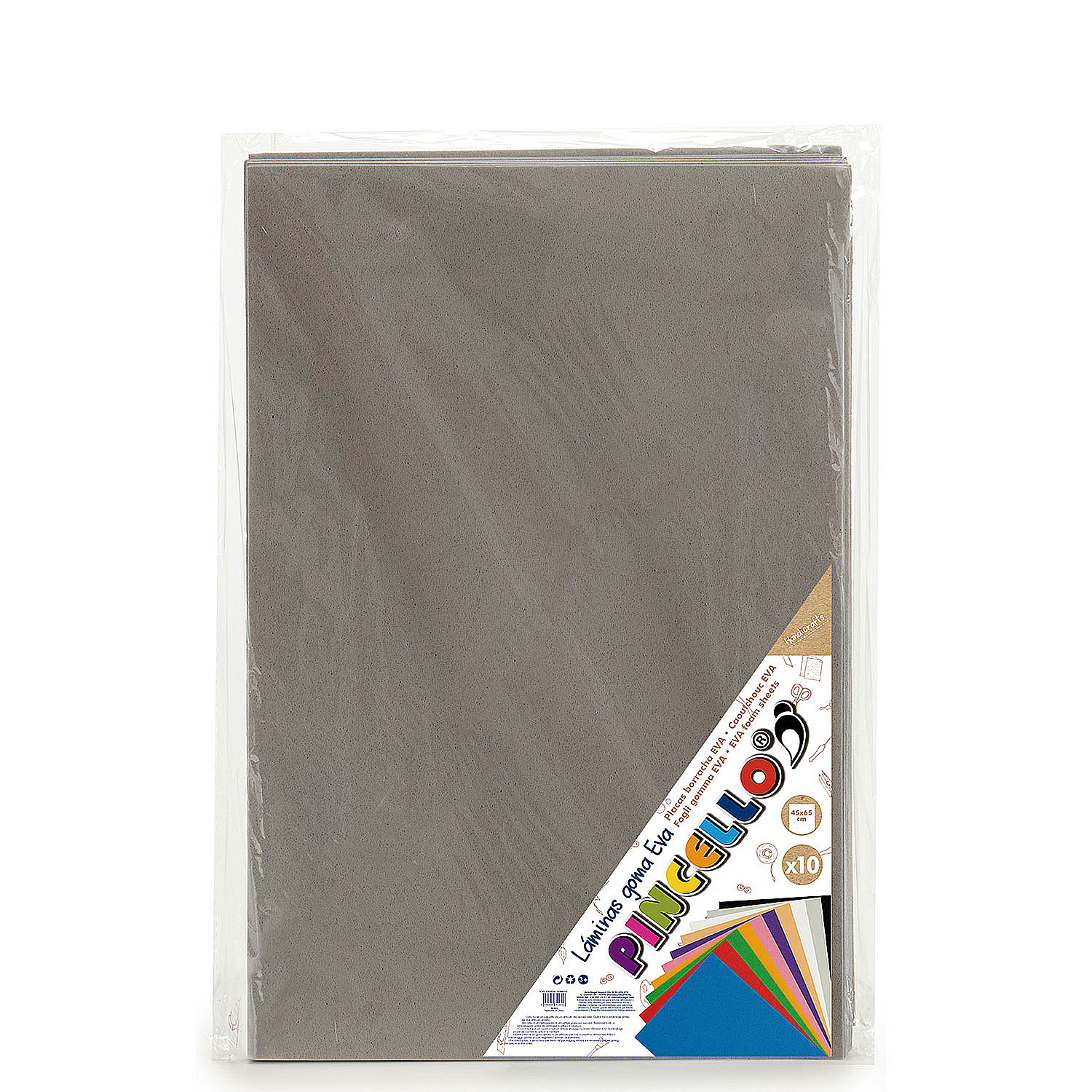 Paquete de hojas de espuma gris en envoltorio plástico transparente. Contiene muestra de hojas EVA coloridas.