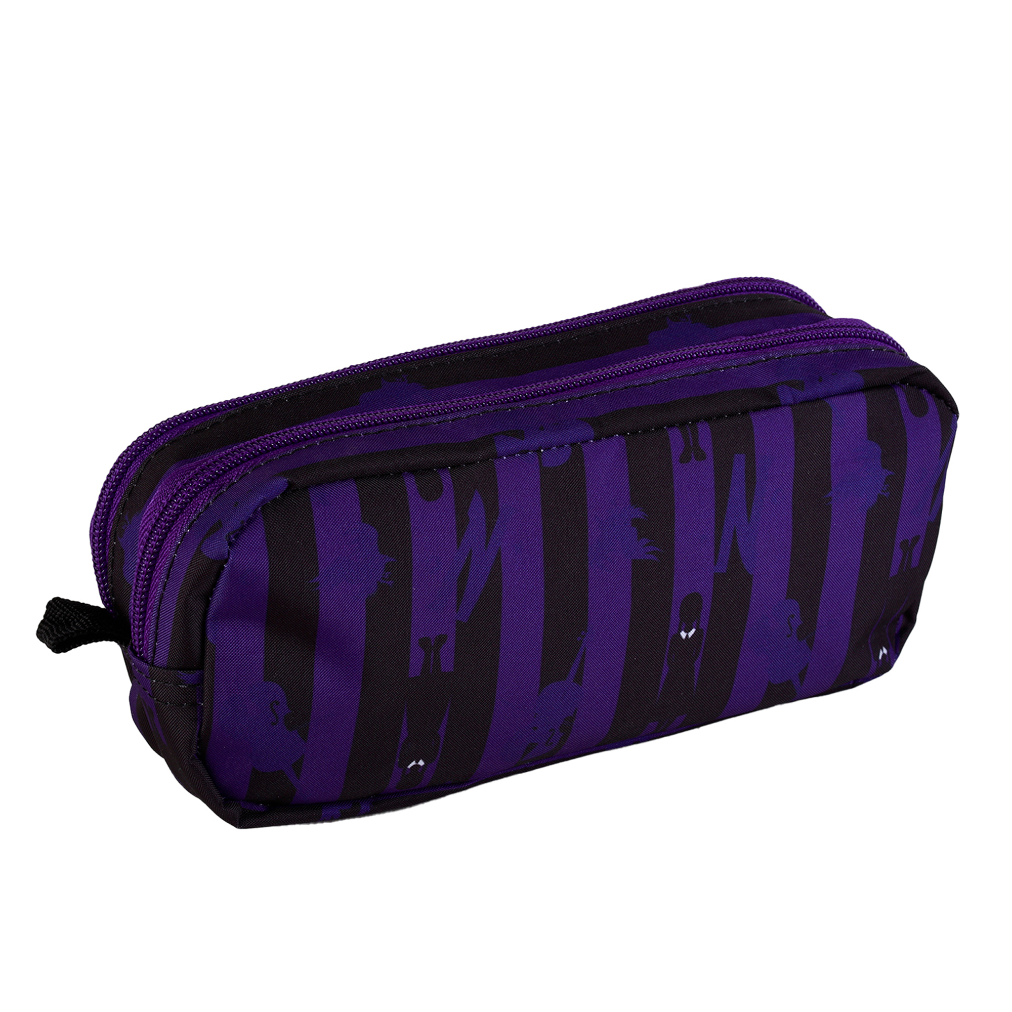 Estuche morado con rayas negras y siluetas. Cremallera morada. Fondo blanco.