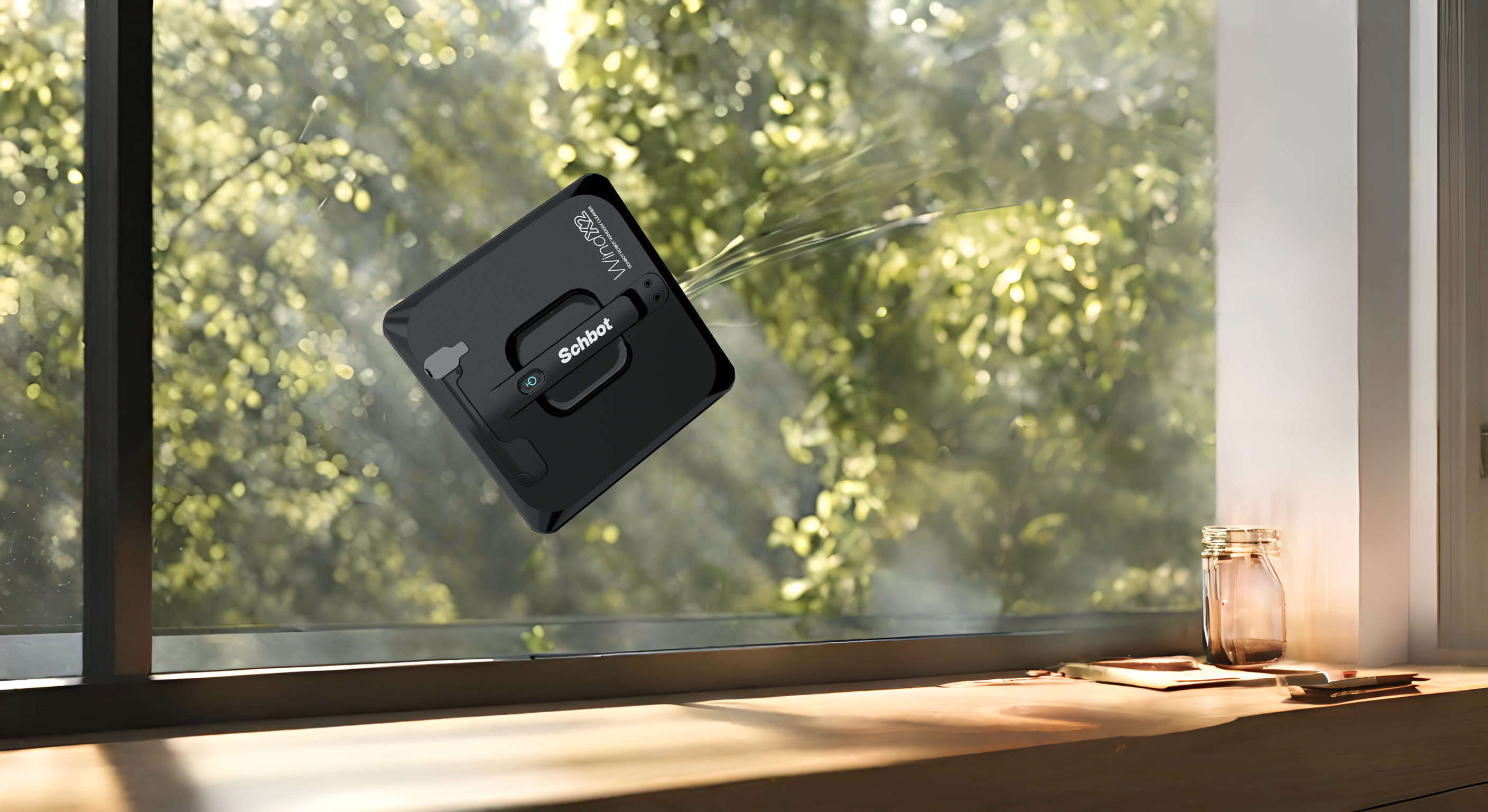 Ein Roboter-Fensterputzer reinigt ein Fenster. Die Außenseite hat einen verschwommenen grünen Hintergrund.