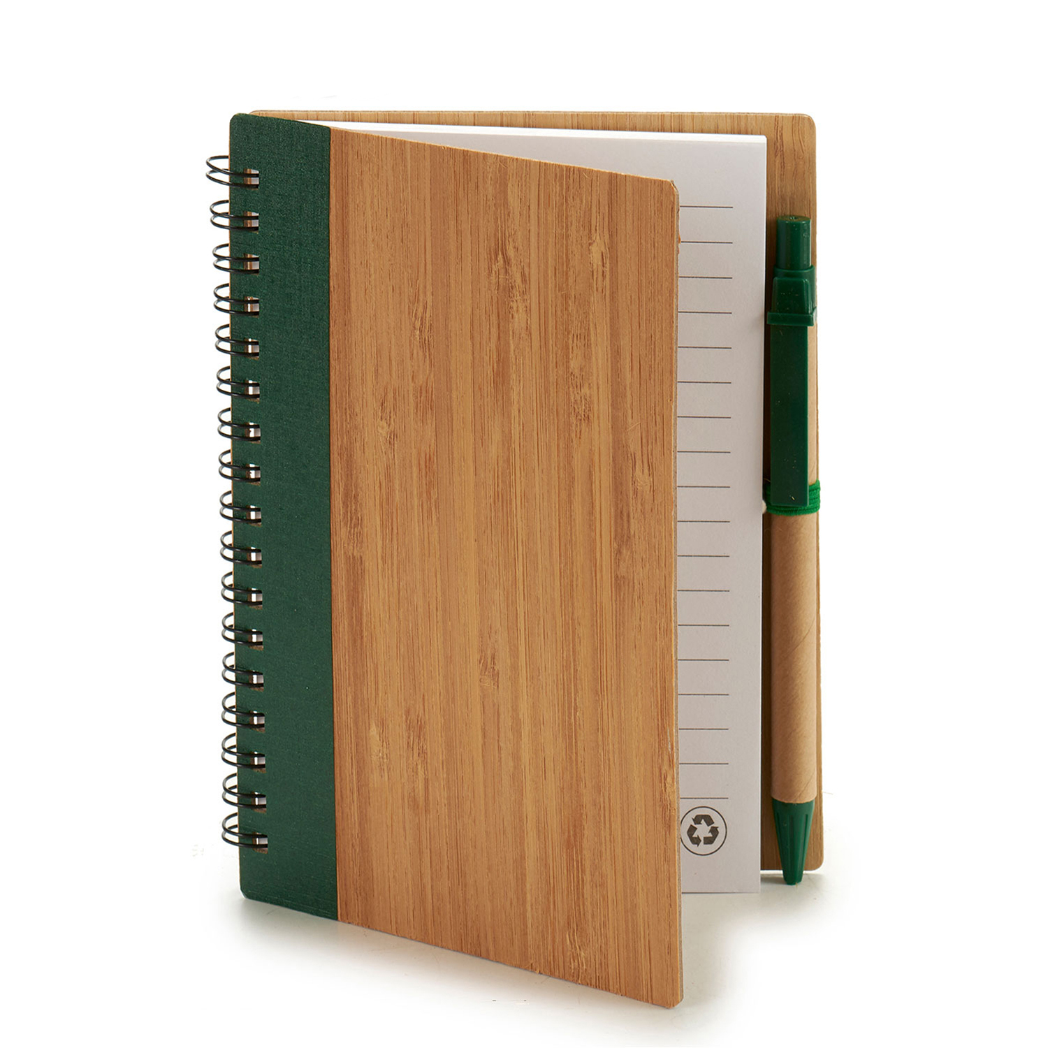 Cuaderno de madera con lomo verde, abierto en una página blanca, y bolígrafo verde.