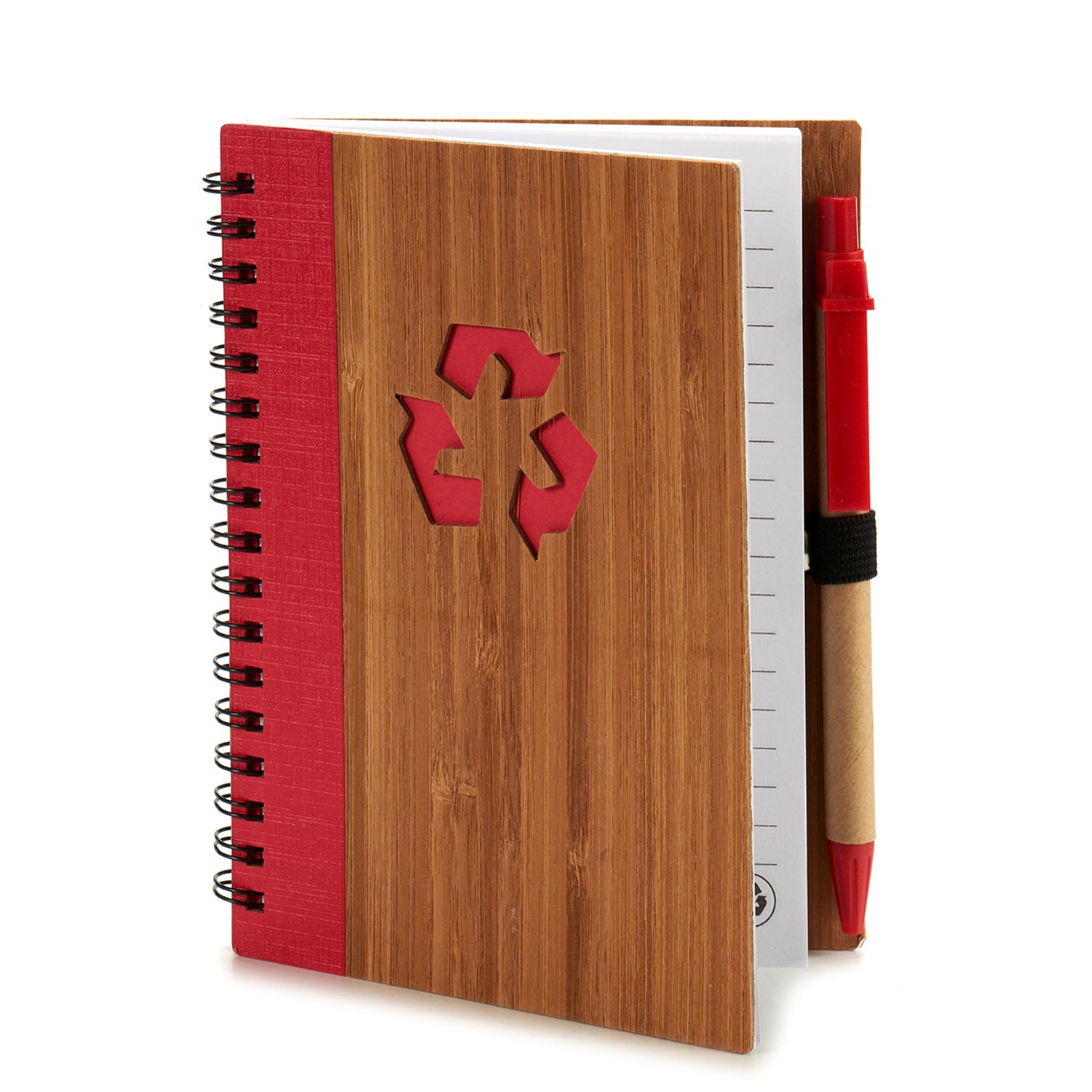 Cuaderno con lomo rojo y cubierta de madera. Un bolígrafo rojo también está en el cuaderno.