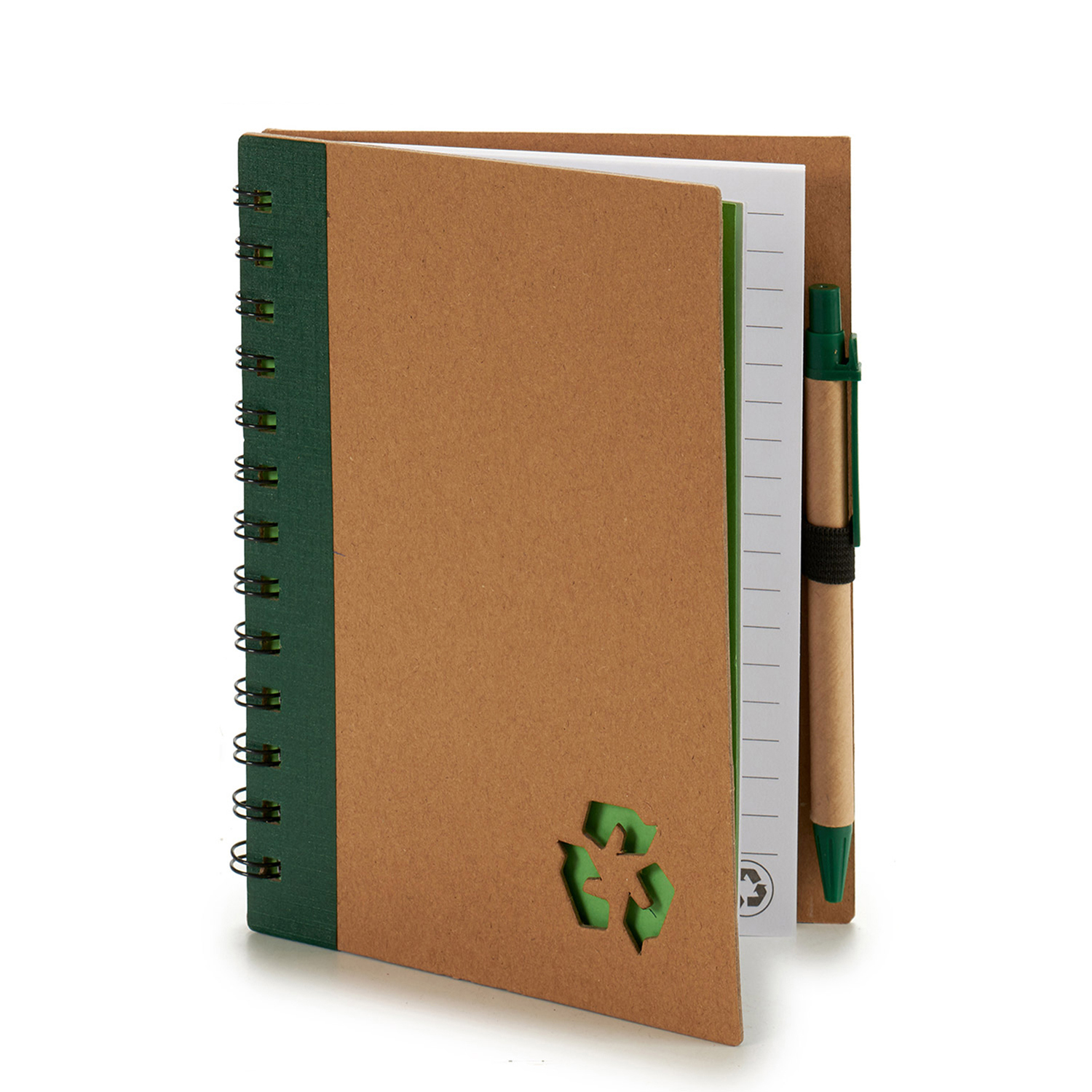 Cuaderno abierto con un logotipo de reciclaje. Un bolígrafo está adherido al lado derecho.