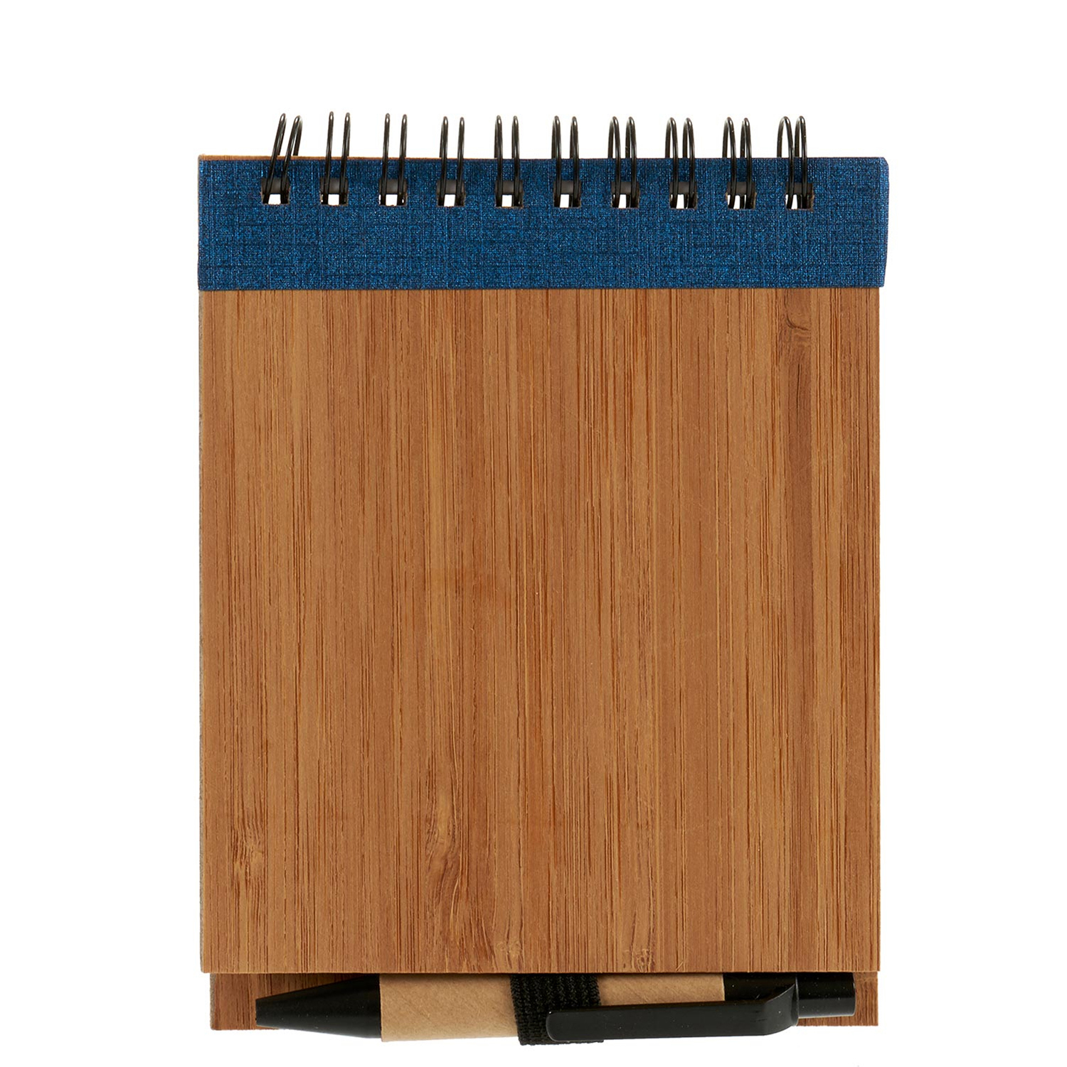 Bloc de notas de madera con parte superior azul y bolígrafo. Encuadernación en espiral visible. Fondo blanco.