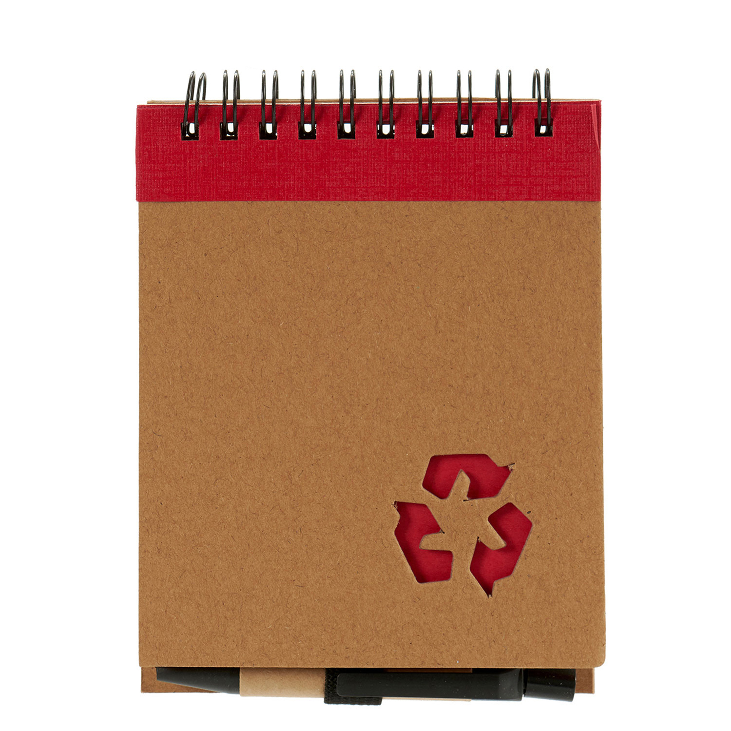 Bloc de notas con cubierta roja y símbolo de reciclaje recortado, sobre superficie blanca.