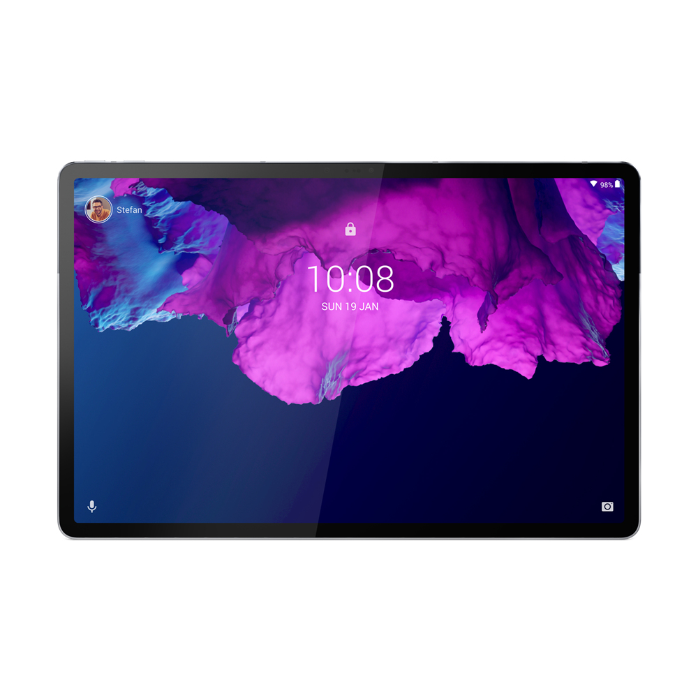 Tablet mit Uhrzeit, Benutzerprofil und lila-weißem Hintergrund.