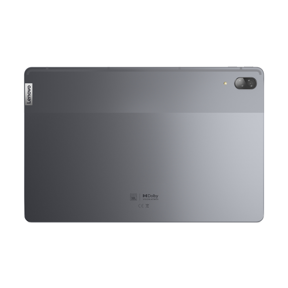 Graue Tablet-Rückansicht. Lenovo-Logo oben links, Kamera oben rechts. JBL- und Dolby-Logos unten.
