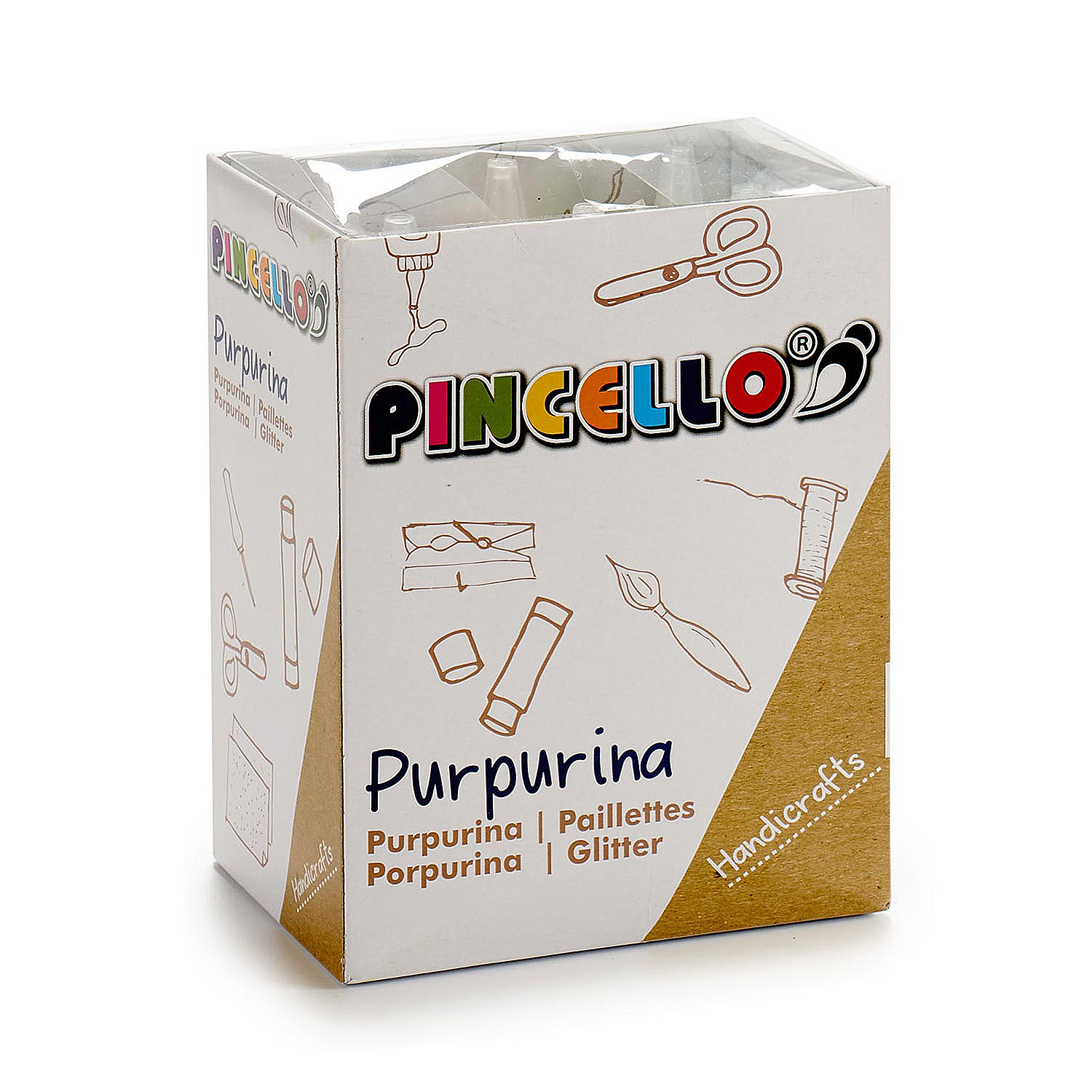 Caja blanca con la marca 'PINCELLO' en verde y purpurina Purpurina. El fondo es blanco.
