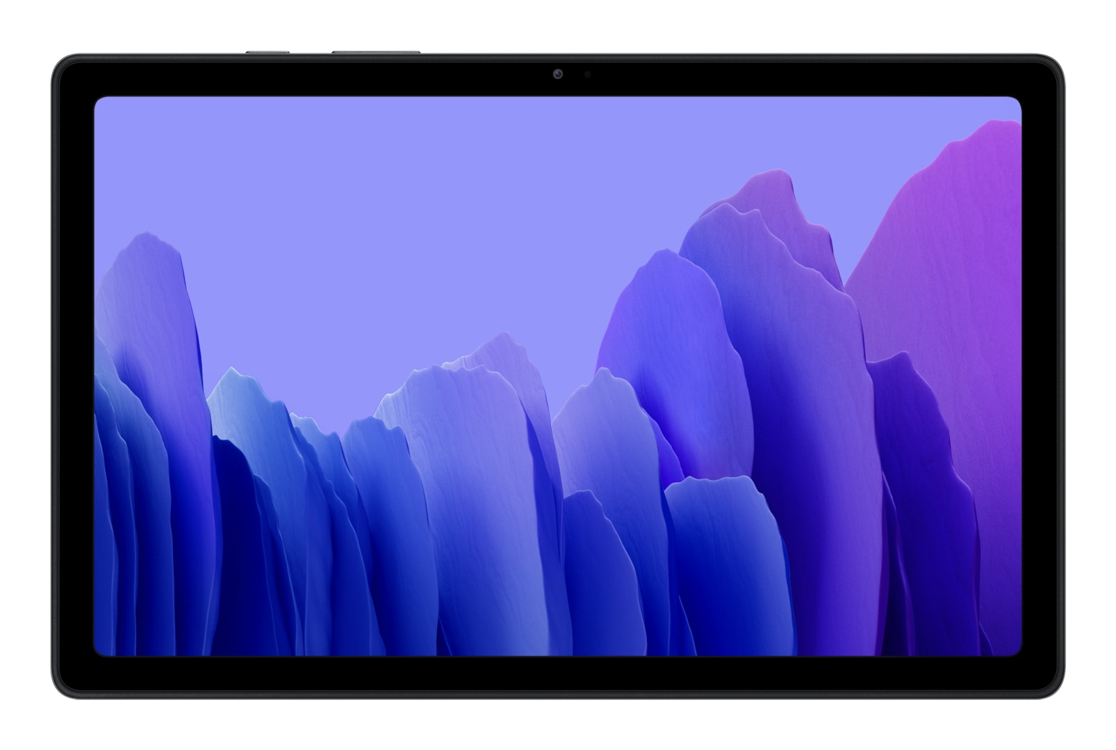 Een zwarte tablet toont een kleurrijke abstracte afbeelding met paarse en blauwe tinten.